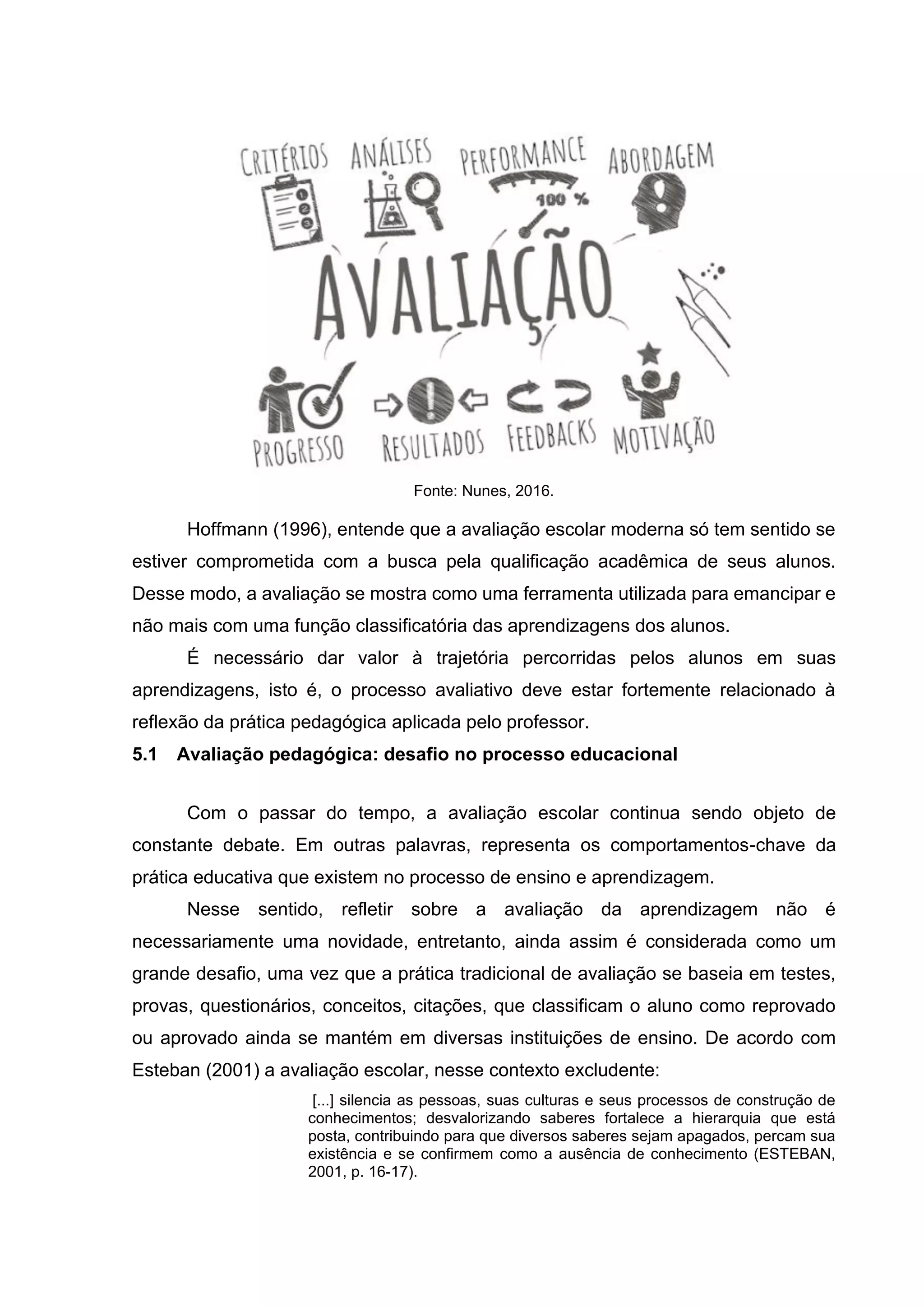Fonte: Nunes, 2016.
Hoffmann (1996), entende que a avaliação escolar moderna só tem sentido se
estiver comprometida com a busca pela qualificação acadêmica de seus alunos.
Desse modo, a avaliação se mostra como uma ferramenta utilizada para emancipar e
não mais com uma função classificatória das aprendizagens dos alunos.
É necessário dar valor à trajetória percorridas pelos alunos em suas
aprendizagens, isto é, o processo avaliativo deve estar fortemente relacionado à
reflexão da prática pedagógica aplicada pelo professor.
5.1 Avaliação pedagógica: desafio no processo educacional
Com o passar do tempo, a avaliação escolar continua sendo objeto de
constante debate. Em outras palavras, representa os comportamentos-chave da
prática educativa que existem no processo de ensino e aprendizagem.
Nesse sentido, refletir sobre a avaliação da aprendizagem não é
necessariamente uma novidade, entretanto, ainda assim é considerada como um
grande desafio, uma vez que a prática tradicional de avaliação se baseia em testes,
provas, questionários, conceitos, citações, que classificam o aluno como reprovado
ou aprovado ainda se mantém em diversas instituições de ensino. De acordo com
Esteban (2001) a avaliação escolar, nesse contexto excludente:
[...] silencia as pessoas, suas culturas e seus processos de construção de
conhecimentos; desvalorizando saberes fortalece a hierarquia que está
posta, contribuindo para que diversos saberes sejam apagados, percam sua
existência e se confirmem como a ausência de conhecimento (ESTEBAN,
2001, p. 16-17).
 