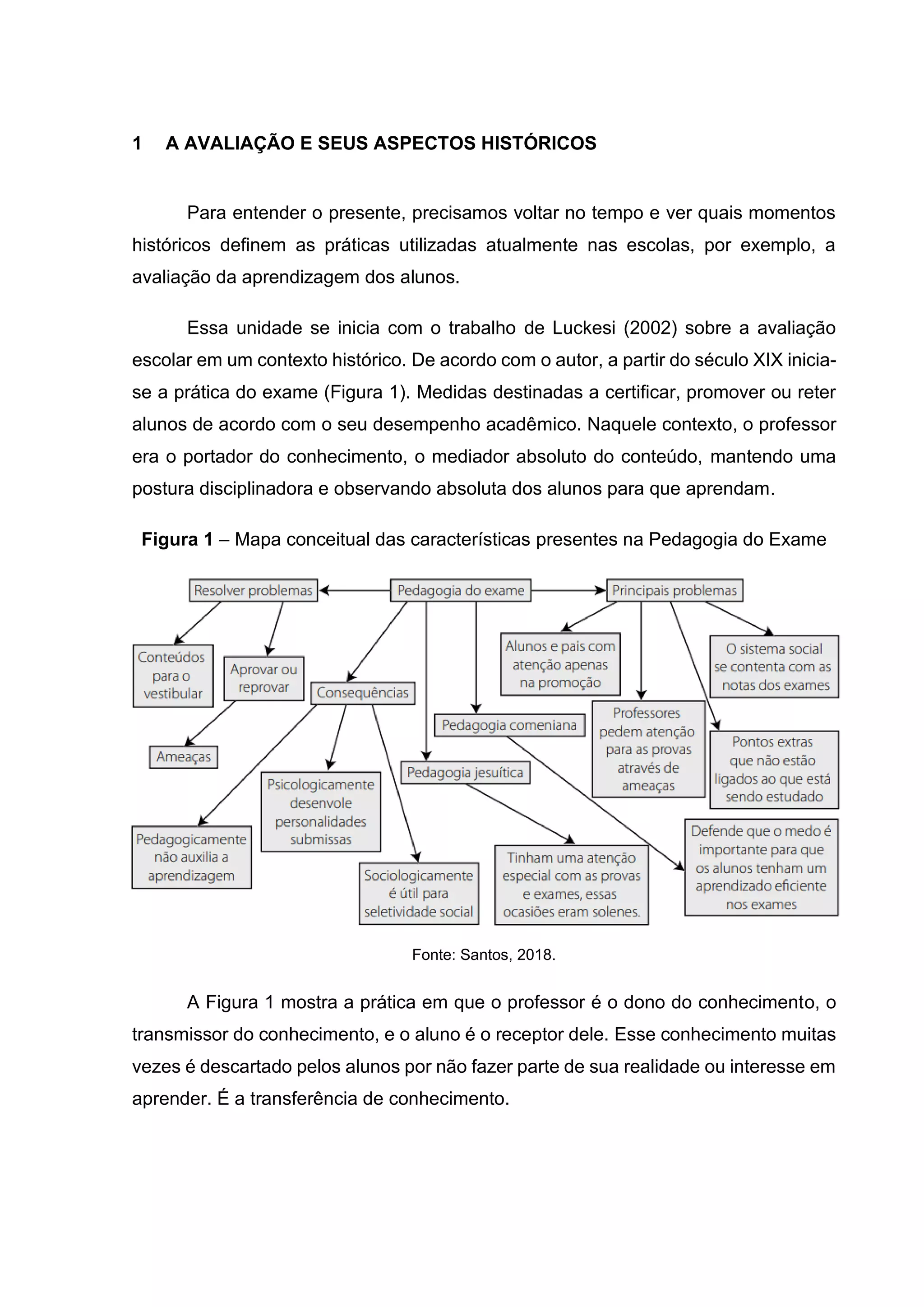 1 A AVALIAÇÃO E SEUS ASPECTOS HISTÓRICOS
Para entender o presente, precisamos voltar no tempo e ver quais momentos
históricos definem as práticas utilizadas atualmente nas escolas, por exemplo, a
avaliação da aprendizagem dos alunos.
Essa unidade se inicia com o trabalho de Luckesi (2002) sobre a avaliação
escolar em um contexto histórico. De acordo com o autor, a partir do século XIX inicia-
se a prática do exame (Figura 1). Medidas destinadas a certificar, promover ou reter
alunos de acordo com o seu desempenho acadêmico. Naquele contexto, o professor
era o portador do conhecimento, o mediador absoluto do conteúdo, mantendo uma
postura disciplinadora e observando absoluta dos alunos para que aprendam.
Figura 1 – Mapa conceitual das características presentes na Pedagogia do Exame
Fonte: Santos, 2018.
A Figura 1 mostra a prática em que o professor é o dono do conhecimento, o
transmissor do conhecimento, e o aluno é o receptor dele. Esse conhecimento muitas
vezes é descartado pelos alunos por não fazer parte de sua realidade ou interesse em
aprender. É a transferência de conhecimento.
 