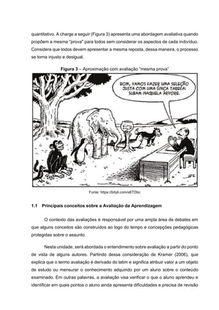 quantitativo. A charge a seguir (Figura 3) apresenta uma abordagem avaliativa quando
propõem a mesma "prova" para todos sem considerar os aspectos de cada indivíduo.
Considera que todos devem apresentar a mesma reposta, dessa maneira, o processo
se torna injusto e desigual.
Figura 3 – Aproximação com avaliação “mesma prova”
Fonte: https://bityli.com/s6TDbc
1.1 Principais conceitos sobre a Avaliação da Aprendizagem
O contexto das avaliações é responsável por uma ampla área de debates em
que alguns conceitos são construídos ao logo do tempo e concepções pedagógicas
protegidas sobre o assunto.
Nesta unidade, será abordada o entendimento sobre avaliação a partir do ponto
de vista de alguns autores. Partindo dessa consideração de Kramer (2006), que
explica que o termo avaliação é derivado do latim e significa atribuir valor a um objeto
de estudo ou mensurar o conhecimento adquirido por um aluno sobre o conteúdo
examinado. Em outras palavras, a avaliação visa verificar o que o aluno aprendeu e
identificar em quais pontos o aluno ainda apresenta dificuldades e precisa de revisão
 