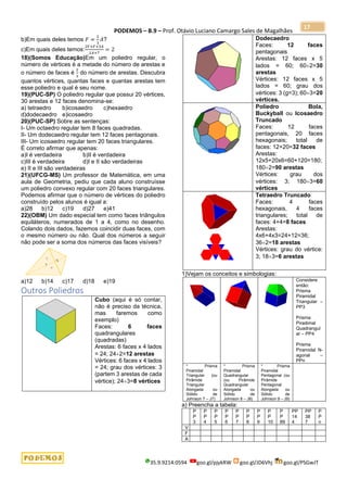 PODEMOS – B.9 – Prof. Otávio Luciano Camargo Sales de Magalhães
35.9.9214.0594 goo.gl/pjykRW goo.gl/JD6Vhj goo.gl/PSGwJT
17
b)Em quais deles temos 𝐹 =
2
3
𝐴?
c)Em quais deles temos:
2𝑉+𝐹+3𝐴
2𝐴+7
= 2
18)(Somos Educação)Em um poliedro regular, o
número de vértices é a metade do número de arestas e
o número de faces é
2
3
do número de arestas. Descubra
quantos vértices, quantas faces e quantas arestas tem
esse poliedro e qual é seu nome.
19)(PUC-SP) O poliedro regular que possui 20 vértices,
30 arestas e 12 faces denomina-se:
a) tetraedro b)icosaedro c)hexaedro
d)dodecaedro e)icosaedro
20)(PUC-SP) Sobre as sentenças:
I- Um octaedro regular tem 8 faces quadradas.
II- Um dodecaedro regular tem 12 faces pentagonais.
III- Um icosaedro regular tem 20 faces triangulares.
É correto afirmar que apenas:
a)I é verdadeira b)II é verdadeira
c)III é verdadeira d)I e II são verdadeiras
e) II e III são verdadeiras
21)(UFCG-MS) Um professor de Matemática, em uma
aula de Geometria, pediu que cada aluno construísse
um poliedro convexo regular com 20 faces triangulares.
Podemos afirmar que o número de vértices do poliedro
construído pelos alunos é igual a:
a)28 b)12 c)19 d)27 e)41
22)(OBM) Um dado especial tem como faces triângulos
equiláteros, numerados de 1 a 4, como no desenho.
Colando dois dados, fazemos coincidir duas faces, com
o mesmo número ou não. Qual dos números a seguir
não pode ser a soma dos números das faces visíveis?
a)12 b)14 c)17 d)18 e)19
Outros Poliedros
Cubo (aqui é só contar,
não é preciso da técnica,
mas faremos como
exemplo)
Faces: 6 faces
quadrangulares
(quadradas)
Arestas: 6 faces x 4 lados
= 24; 242=12 arestas
Vértices: 6 faces x 4 lados
= 24; grau dos vértices: 3
(partem 3 arestas de cada
vértice); 243=8 vértices
Dodecaedro
Faces: 12 faces
pentagonais
Arestas: 12 faces x 5
lados = 60; 602=30
arestas
Vértices: 12 faces x 5
lados = 60; grau dos
vértices: 3 (g=3); 603=20
vértices.
Poliedro Bola,
Buckyball ou Icosaedro
Truncado
Faces: 12 faces
pentagonais, 20 faces
hexagonais; total de
faces: 12+20=32 faces
Arestas:
12x5+20x6=60+120=180;
1802=90 arestas
Vértices: grau dos
vértices: 3; 1803=60
vértices
Tetraedro Truncado
Faces: 4 faces
hexagonais, 4 faces
triangulares; total de
faces: 4+4=8 faces
Arestas:
4x6+4x3=24+12=36;
362=18 arestas
Vértices: grau do vértice:
3; 183=6 arestas
1)Vejam os conceitos e simbologias:
Considere
então:
Prisma
Piramidal
Triangular –
PP3
Prisma
Piradimal
Quadrangul
ar – PP4
Prisma
Piramidal N-
agonal –
PPn
* Prisma
Piramidal
Triangular (ou
Pirâmide
Triangular
Alongada ou
Sólido de
Johnson 7 – J7)
* Prisma
Piramidal
Quadrangular
(ou Pirâmide
Quadrangular
Alongada ou
Sólido de
Johnson 8 – J8)
* Prisma
Piramidal
Pentagonal (ou
Pirâmide
Pentagonal
Alongada ou
Sólido de
Johnson 9 – J9)
a) Preencha a tabela:
P
P
3
P
P
4
P
P
5
P
P
6
P
P
7
P
P
8
P
P
9
P
P
10
P
P
89
PP
14
4
PP
38
7
P
P
n
V
F
A
 