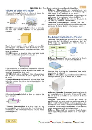 PODEMOS – B.9 – Prof. Otávio Luciano Camargo Sales de Magalhães
35.9.9214.0594 goo.gl/pjykRW goo.gl/JD6Vhj goo.gl/PSGwJT
20
Volume do Bloco Retangular
1)(Somos Educação)Qual é o volume da caixa, do
aquário e da piscina representados abaixo?
2)(COC)Uma caixa de papelão foi montada na forma de
um cubo com arestas medindo 12 cm, conforme
ilustração.
Depois disso, revestiram-na por completo, com papel de
presente, pois seria utilizada como decoração de Natal.
Determine a medida da área da superfície coberta pelo
papel de presente.
3)(COC)Considere o seguinte bloco retangular cujas
dimensões são dadas pelas medidas a, b e c.
Faça um esboço da planificação desse sólido e depois
escreva uma fórmula que dê a medida da área A da
superfície desse sólido (área total).
4)(COC)Calcule a área total de um bloco retangular que
tem 40 cm de comprimento, 20 cm de largura e 15 cm
de altura.
5)(Somos Educação)Escreva uma fórmula geral para
determina medida do volume do paralelepípedo e do
cubo abaixo.
6)(Somos Educação)Calcule a área e o volume da
figura a seguir:
7)(Somos Educação)Qual é a área total de um
paralelepípedo com dimensões de 6 centímetros, 8
centímetros e 10 centímetros? Qual o volume desse
paralelepípedo?
8)(Somos Educação)Se um paralelepípedo tem
volume de792 m³, comprimento de 11 metros e largura
de 8 metros, qual é a medida de sua altura?
9)(Somos Educação)Quanto mede o comprimento de
cada aresta de um cubo com volume de 343 dm³?
10)(Somos Educação)Qual é a medida do volume de
um cubo cuja área total é de 384 cm²?
11)(Somos Educação)Com cubinhos que têm 2
centímetros de aresta foi formado um bloco retangular
como este da figura. Qual é o volume desse bloco?
Medidas de Capacidade e Volume
1)(Somos Educação)Você estudou que, se um cubo
tem arestas de 1 dm (10 cm), seu volume é de 1 dm³
(1000 cm³) e sua capacidade é de 1 litro. Complete as
correspondências:
2)(Somos Educação)Faça uma estimativa e depois
responda considerando a representação abaixo.
Quantos litros de água são necessários para encher
esta piscina de plástico?
3)(Somos Educação)A capacidade desta caixa térmica
de isopor é maior, igual ou menor que 35 litros?
4)(Somos Educação) Uma caixa-d’água tem a forma de
um paralelepípedo de dimensões 80 cm por 90 cm por
60 cm. Qual é a medida do seu volume? E de sai
capacidade?
5)(Somos Educação)Um tanque em forma de
paralelepípedo tem como base uma região retangular de
30 cm por 20 cm. Ele está com nível de água de 7,5 cm.
Quando um cubo sólido é completamente mergulhado
no tanque, o nível de água se eleva em 0,5 cm. Quanto
mede, aproximadamente, a aresta do cubo?
6)(Somos Educação)Faça o desenho da planificação
de um bloco retangular com dimensões de 4 cm, 3 cm e
1 cm.
 