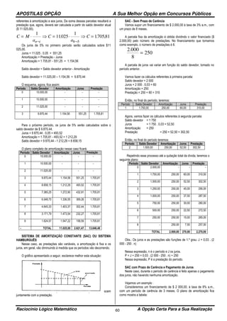 APOSTILAS OPÇÃO A Sua Melhor Opção em Concursos Públicos
Raciocínio Lógico Matemático A Opção Certa Para a Sua Realização60
referentes à amortização e aos juros. Da soma dessas parcelas resultará a
prestação que, agora, deverá ser calculada a partir do saldo devedor atual
($ 11 025,00).
C M
a
C
a
C
n i
= ⋅ ⇒ = ⋅ ⇒ =
¬ ¬
1
11025
1
1705 81
8 5
. . ,
Os juros de 5% no primeiro período serão calculados sobre $11
025,00.
Juros = 11.025 . 0,05 = 551,25
Amortização = Prestação - Juros
Amortização = 1 705,81 - 551,25 = 1.154,56
Saldo devedor = Saldo devedor anterior - Amortização
Saldo devedor = 11.025,00 – 1.154,56 = 9.870,44
O esquema, agora, fica assim:
Período Saldo Devedor Amortização Juros Prestação
0 10.000,00 - - -
1 10.500,00 - - -
2 11.025,00 - - -
3 9.870,44 1.154,56 551,25 1.705,81
Para o próximo período, os juros de 5% serão calculados sobre o
saldo devedor de $ 9.870,44.
Juros = 9 870,44 . 0,05 = 493,52
Amortização = 1 705,81 - 493,52 = 1 212,29
Saldo devedor = 9 870,44 - 1 212,29 = 8 658,15
O plano completo de amortização nesse caso ficará:
Período Saldo Devedor Amortização Juros Prestação
0 10.000,00 - - -
1 10.500,00 - - -
2 11.025,00 - - -
3 9.870,44 1.154,56 551,25 1.705,81
4 8.658,15 1.212,29 493,52 1.705,81
5 7.385,25 1.272,90 432,91 1.705,81
6 6.048,70 1.336,55 369,26 1.705,81
7 4.645,33 1.403,37 302,44 1.705,81
8 3.171,79 1.473,54 232,27 1.705,81
9 1.624,57 1.547,22 158,59 1.705,81
- TOTAL 11.025,00 2.621,47 13.646,48
SISTEMA DE AMORTIZAÇÃO CONSTANTE (SAC) OU SISTEMA
HAMBURGUÊS
Nesse caso, as prestações são variáveis, a amortização é fixa e os
juros, em geral, vão diminuindo à medida que os períodos vão decorrendo.
O gráfico apresentado a seguir, esclarece melhor esta situação:
Observe que a amortização é fixa e que os juros decrescem
juntamente com a prestação.
SAC - Sem Prazo de Carência
Vamos supor um financiamento de $ 2.000,00 à taxa de 3% a.m., com
um prazo de 8 meses.
A parcela fixa da amortização é obtida dividindo o valor financiado ($
2.000,00) pelo número de prestações. No financiamento que tomamos
como exemplo, o número de prestações é 8.
2 000
8
250
.
=
A parcela de juros vai variar em função do saldo devedor, tomado no
período anterior.
Vamos fazer os cálculos referentes à primeira parcela:
Saldo devedor = 2 000
Juros = 2 000 . 0,03 = 60
Amortização = 250
Prestação = 250 + 60 = 310
Então, no final do período, teremos:
Período Saldo Devedor Amortização Juros Prestação
1 1.750,00 250,00 60,00 310,00
Agora, vamos fazer os cálculos referentes à segunda parcela:
Saldo devedor = 1 750
Juros = 1 750 . 0,03 = 52,50
Amortização = 250
Prestação = 250 + 52,50 = 302,50
Então, no final do período teremos:
Período Saldo Devedor Amortização Juros Prestação
2 1.500,00 250,00 52,50 302,50
Repetindo esse processo até a quitação total da dívida, teremos o
seguinte plano:
Período Saldo Devedor Amortização Juros Prestação
0 2.000,00 - - -
1 1.750,00 250,00 60,00 310,00
2 1.500,00 250,00 52,50 302,50
3 1.250,00 250,00 45,00 295,00
4 1.000,00 250,00 37,50 287,50
5 750,00 250,00 30,00 280,00
6 500,00 250,00 22,50 272,50
7 250,00 250,00 15,00 265,00
8 - 250,00 7,50 257,50
TOTAL 2.000,00 270,00 2.270,00
Obs.: Os juros e as prestações são funções de 1.º grau: J = 0,03 . (2
000 - 250 . n)
Nessa expressão, n é o período e J os juros.
P = J + 250 = 0,03 . (2 000 - 250 . n) + 250
Nessa expressão, P é a prestação do período.
SAC com Prazo de Carência e Pagamento de Juros
Neste caso, durante o período de carência é feito apenas o pagamento
dos juros, não havendo nenhuma amortização.
Vejamos um exemplo :
Consideremos um financiamento de $ 2 000,00, à taxa de 8% a.m.,
com um período de carência de 3 meses. O plano de amortização fica
como mostra a tabela:
 