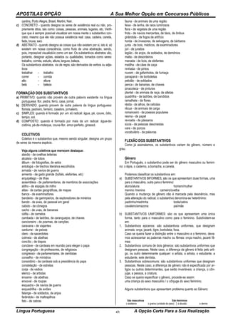 APOSTILAS OPÇÃO A Sua Melhor Opção em Concursos Públicos
Língua Portuguesa A Opção Certa Para a Sua Realização41
cantins, Porto Alegre, Brasil, Martini, Nair.
c) CONCRETO - quando designa os seres de existência real ou não, pro-
priamente ditos, tais como: coisas, pessoas, animais, lugares, etc. Verifi-
que que é sempre possível visualizar em nossa mente o substantivo con-
creto, mesmo que ele não possua existência real: casa, cadeira, caneta,
fada, bruxa, saci.
d) ABSTRATO - quando designa as coisas que não existem por si, isto é, só
existem em nossa consciência, como fruto de uma abstração, sendo,
pois, impossível visualizá-lo como um ser. Os substantivos abstratos vão,
portanto, designar ações, estados ou qualidades, tomados como seres:
trabalho, corrida, estudo, altura, largura, beleza.
Os substantivos abstratos, via de regra, são derivados de verbos ou adje-
tivos
trabalhar - trabalho
correr - corrida
alto - altura
belo - beleza
FORMAÇÃO DOS SUBSTANTIVOS
a) PRIMITIVO: quando não provém de outra palavra existente na língua
portuguesa: flor, pedra, ferro, casa, jornal.
b) DERIVADO: quando provem de outra palavra da língua portuguesa:
florista, pedreiro, ferreiro, casebre, jornaleiro.
c) SIMPLES: quando é formado por um só radical: água, pé, couve, ódio,
tempo, sol.
d) COMPOSTO: quando é formado por mais de um radical: água-de-
colônia, pé-de-moleque, couve-flor, amor-perfeito, girassol.
COLETIVOS
Coletivo é o substantivo que, mesmo sendo singular, designa um grupo
de seres da mesma espécie.
Veja alguns coletivos que merecem destaque:
alavão - de ovelhas leiteiras
alcateia - de lobos
álbum - de fotografias, de selos
antologia - de trechos literários escolhidos
armada - de navios de guerra
armento - de gado grande (búfalo, elefantes, etc)
arquipélago - de ilhas
assembleia - de parlamentares, de membros de associações
atilho - de espigas de milho
atlas - de cartas geográficas, de mapas
banca - de examinadores
bandeira - de garimpeiros, de exploradores de minérios
bando - de aves, de pessoal em geral
cabido - de cônegos
cacho - de uvas, de bananas
cáfila - de camelos
cambada - de ladrões, de caranguejos, de chaves
cancioneiro - de poemas, de canções
caravana - de viajantes
cardume - de peixes
clero - de sacerdotes
colmeia - de abelhas
concílio - de bispos
conclave - de cardeais em reunião para eleger o papa
congregação - de professores, de religiosos
congresso - de parlamentares, de cientistas
conselho - de ministros
consistório - de cardeais sob a presidência do papa
constelação - de estrelas
corja - de vadios
elenco - de artistas
enxame - de abelhas
enxoval - de roupas
esquadra - de navios de guerra
esquadrilha - de aviões
falange - de soldados, de anjos
farândola - de maltrapilhos
fato - de cabras
fauna - de animais de uma região
feixe - de lenha, de raios luminosos
flora - de vegetais de uma região
frota - de navios mercantes, de táxis, de ônibus
girândola - de fogos de artifício
horda - de invasores, de selvagens, de bárbaros
junta - de bois, médicos, de examinadores
júri - de jurados
legião - de anjos, de soldados, de demônios
malta - de desordeiros
manada - de bois, de elefantes
matilha - de cães de caça
ninhada - de pintos
nuvem - de gafanhotos, de fumaça
panapaná - de borboletas
pelotão - de soldados
penca - de bananas, de chaves
pinacoteca - de pinturas
plantel - de animais de raça, de atletas
quadrilha - de ladrões, de bandidos
ramalhete - de flores
réstia - de alhos, de cebolas
récua - de animais de carga
romanceiro - de poesias populares
resma - de papel
revoada - de pássaros
súcia - de pessoas desonestas
vara - de porcos
vocabulário - de palavras
FLEXÃO DOS SUBSTANTIVOS
Como já assinalamos, os substantivos variam de gênero, número e
grau.
Gênero
Em Português, o substantivo pode ser do gênero masculino ou femini-
no: o lápis, o caderno, a borracha, a caneta.
Podemos classificar os substantivos em:
a) SUBSTANTIVOS BIFORMES, são os que apresentam duas formas, uma
para o masculino, outra para o feminino:
aluno/aluna homem/mulher
menino /menina carneiro/ovelha
Quando a mudança de gênero não é marcada pela desinência, mas
pela alteração do radical, o substantivo denomina-se heterônimo:
padrinho/madrinha bode/cabra
cavaleiro/amazona pai/mãe
b) SUBSTANTIVOS UNIFORMES: são os que apresentam uma única
forma, tanto para o masculino como para o feminino. Subdividem-se
em:
1. Substantivos epicenos: são substantivos uniformes, que designam
animais: onça, jacaré, tigre, borboleta, foca.
Caso se queira fazer a distinção entre o masculino e o feminino, deve-
mos acrescentar as palavras macho ou fêmea: onça macho, jacaré fê-
mea
2. Substantivos comuns de dois gêneros: são substantivos uniformes que
designam pessoas. Neste caso, a diferença de gênero é feita pelo arti-
go, ou outro determinante qualquer: o artista, a artista, o estudante, a
estudante, este dentista.
3. Substantivos sobrecomuns: são substantivos uniformes que designam
pessoas. Neste caso, a diferença de gênero não é especificada por ar-
tigos ou outros determinantes, que serão invariáveis: a criança, o côn-
juge, a pessoa, a criatura.
Caso se queira especificar o gênero, procede-se assim:
uma criança do sexo masculino / o cônjuge do sexo feminino.
AIguns substantivos que apresentam problema quanto ao Gênero:
São masculinos São femininos
o anátema o grama (unidade de peso) a abusão a derme
 