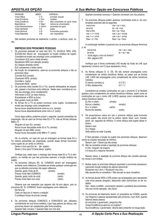 APOSTILAS OPÇÃO A Sua Melhor Opção em Concursos Públicos
Língua Portuguesa A Opção Certa Para a Sua Realização45
PRONOME ABREV. EMPREGO
Vossa Alteza V. A. príncipes, duques
Vossa Eminência V .Ema cardeais
Vossa Excelência V.Exa altas autoridades em geral Vossa
Magnificência V. Mag a reitores de universidades
Vossa Reverendíssima V. Revma sacerdotes em geral
Vossa Santidade V.S. papas
Vossa Senhoria V.Sa funcionários graduados
Vossa Majestade V.M. reis, imperadores
São também pronomes de tratamento: o senhor, a senhora, você, vo-
cês.
EMPREGO DOS PRONOMES PESSOAIS
1. Os pronomes pessoais do caso reto (EU, TU, ELE/ELA, NÓS, VÓS,
ELES/ELAS) devem ser empregados na função sintática de sujeito.
Considera-se errado seu emprego como complemento:
Convidaram ELE para a festa (errado)
Receberam NÓS com atenção (errado)
EU cheguei atrasado (certo)
ELE compareceu à festa (certo)
2. Na função de complemento, usam-se os pronomes oblíquos e não os
pronomes retos:
Convidei ELE (errado)
Chamaram NÓS (errado)
Convidei-o. (certo)
Chamaram-NOS. (certo)
3. Os pronomes retos (exceto EU e TU), quando antecipados de preposi-
ção, passam a funcionar como oblíquos. Neste caso, considera-se cor-
reto seu emprego como complemento:
Informaram a ELE os reais motivos.
Emprestaram a NÓS os livros.
Eles gostam muito de NÓS.
4. As formas EU e TU só podem funcionar como sujeito. Considera-se
errado seu emprego como complemento:
Nunca houve desentendimento entre eu e tu. (errado)
Nunca houve desentendimento entre mim e ti. (certo)
Como regra prática, podemos propor o seguinte: quando precedidas de
preposição, não se usam as formas retas EU e TU, mas as formas oblíquas
MIM e TI:
Ninguém irá sem EU. (errado)
Nunca houve discussões entre EU e TU. (errado)
Ninguém irá sem MIM. (certo)
Nunca houve discussões entre MIM e TI. (certo)
Há, no entanto, um caso em que se empregam as formas retas EU e
TU mesmo precedidas por preposição: quando essas formas funcionam
como sujeito de um verbo no infinitivo.
Deram o livro para EU ler (ler: sujeito)
Deram o livro para TU leres (leres: sujeito)
Verifique que, neste caso, o emprego das formas retas EU e TU é obri-
gatório, na medida em que tais pronomes exercem a função sintática de
sujeito.
5. Os pronomes oblíquos SE, SI, CONSIGO devem ser empregados
somente como reflexivos. Considera-se errada qualquer construção em
que os referidos pronomes não sejam reflexivos:
Querida, gosto muito de SI. (errado)
Preciso muito falar CONSIGO. (errado)
Querida, gosto muito de você. (certo)
Preciso muito falar com você. (certo)
Observe que nos exemplos que seguem não há erro algum, pois os
pronomes SE, SI, CONSIGO, foram empregados como reflexivos:
Ele feriu-se
Cada um faça por si mesmo a redação
O professor trouxe as provas consigo
6. Os pronomes oblíquos CONOSCO e CONVOSCO são utilizados
normalmente em sua forma sintética. Caso haja palavra de reforço, tais
pronomes devem ser substituídos pela forma analítica:
Queriam falar conosco = Queriam falar com nós dois
Queriam conversar convosco = Queriam conversar com vós próprios.
7. Os pronomes oblíquos podem aparecer combinados entre si. As com-
binações possíveis são as seguintes:
me+o=mo
te+o=to
lhe+o=lho
nos + o = no-lo
vos + o = vo-lo
lhes + o = lho
me + os = mos
te + os = tos
lhe + os = lhos
nos + os = no-los
vos + os = vo-los
lhes + os = lhos
A combinação também é possível com os pronomes oblíquos femininos
a, as.
me+a=ma me + as = mas
te+a=ta te + as = tas
- Você pagou o livro ao livreiro?
- Sim, paguei-LHO.
Verifique que a forma combinada LHO resulta da fusão de LHE (que
representa o livreiro) com O (que representa o livro).
8. As formas oblíquas O, A, OS, AS são sempre empregadas como
complemento de verbos transitivos diretos, ao passo que as formas
LHE, LHES são empregadas como complemento de verbos transitivos
indiretos:
O menino convidou-a. (V.T.D )
O filho obedece-lhe. (V.T. l )
Consideram-se erradas construções em que o pronome O (e flexões)
aparece como complemento de verbos transitivos indiretos, assim como as
construções em que o nome LHE (LHES) aparece como complemento de
verbos transitivos diretos:
Eu lhe vi ontem. (errado)
Nunca o obedeci. (errado)
Eu o vi ontem. (certo)
Nunca lhe obedeci. (certo)
9. Há pouquíssimos casos em que o pronome oblíquo pode funcionar
como sujeito. Isto ocorre com os verbos: deixar, fazer, ouvir, mandar,
sentir, ver, seguidos de infinitivo. O nome oblíquo será sujeito desse in-
finitivo:
Deixei-o sair.
Vi-o chegar.
Sofia deixou-se estar à janela.
É fácil perceber a função do sujeito dos pronomes oblíquos, desenvol-
vendo as orações reduzidas de infinitivo:
Deixei-o sair = Deixei que ele saísse.
10. Não se considera errada a repetição de pronomes oblíquos:
A mim, ninguém me engana.
A ti tocou-te a máquina mercante.
Nesses casos, a repetição do pronome oblíquo não constitui pleonas-
mo vicioso e sim ênfase.
11. Muitas vezes os pronomes oblíquos equivalem a pronomes possessivo,
exercendo função sintática de adjunto adnominal:
Roubaram-me o livro = Roubaram meu livro.
Não escutei-lhe os conselhos = Não escutei os seus conselhos.
12. As formas plurais NÓS e VÓS podem ser empregadas para representar
uma única pessoa (singular), adquirindo valor cerimonioso ou de mo-
déstia:
Nós - disse o prefeito - procuramos resolver o problema das enchentes.
Vós sois minha salvação, meu Deus!
13. Os pronomes de tratamento devem vir precedidos de VOSSA, quando
nos dirigimos à pessoa representada pelo pronome, e por SUA, quando
falamos dessa pessoa:
Ao encontrar o governador, perguntou-lhe:
Vossa Excelência já aprovou os projetos?
Sua Excelência, o governador, deverá estar presente na inauguração.
 