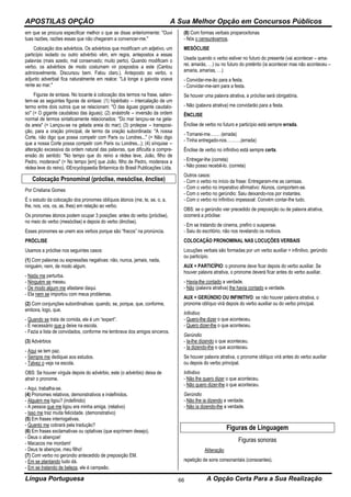 APOSTILAS OPÇÃO A Sua Melhor Opção em Concursos Públicos
Língua Portuguesa A Opção Certa Para a Sua Realização66
em que se procura especificar melhor o que se disse anteriormente: "Ouvi
tuas razões, razões essas que não chegaram a convencer-me."
Colocação dos advérbios. Os advérbios que modificam um adjetivo, um
particípio isolado ou outro advérbio vêm, em regra, antepostos a essas
palavras (mais azedo, mal conservado; muito perto). Quando modificam o
verbo, os advérbios de modo costumam vir pospostos a este (Cantou
admiravelmente. Discursou bem. Falou claro.). Anteposto ao verbo, o
adjunto adverbial fica naturalmente em realce: "Lá longe a gaivota voava
rente ao mar."
Figuras de sintaxe. No tocante à colocação dos termos na frase, salien-
tem-se as seguintes figuras de sintaxe: (1) hipérbato -- intercalação de um
termo entre dois outros que se relacionam: "O das águas gigante caudalo-
so" (= O gigante caudaloso das águas); (2) anástrofe -- inversão da ordem
normal de termos sintaticamente relacionados: "Do mar lançou-se na gela-
da areia" (= Lançou-se na gelada areia do mar); (3) prolepse -- transposi-
ção, para a oração principal, de termo da oração subordinada: "A nossa
Corte, não digo que possa competir com Paris ou Londres..." (= Não digo
que a nossa Corte possa competir com Paris ou Londres...); (4) sínquise --
alteração excessiva da ordem natural das palavras, que dificulta a compre-
ensão do sentido: "No tempo que do reino a rédea leve, João, filho de
Pedro, moderava" (= No tempo [em] que João, filho de Pedro, moderava a
rédea leve do reino). ©Encyclopaedia Britannica do Brasil Publicações Ltda.
Colocação Pronominal (próclise, mesóclise, ênclise)
Por Cristiana Gomes
É o estudo da colocação dos pronomes oblíquos átonos (me, te, se, o, a,
lhe, nos, vos, os, as, lhes) em relação ao verbo.
Os pronomes átonos podem ocupar 3 posições: antes do verbo (próclise),
no meio do verbo (mesóclise) e depois do verbo (ênclise).
Esses pronomes se unem aos verbos porque são “fracos” na pronúncia.
PRÓCLISE
Usamos a próclise nos seguintes casos:
(1) Com palavras ou expressões negativas: não, nunca, jamais, nada,
ninguém, nem, de modo algum.
- Nada me perturba.
- Ninguém se mexeu.
- De modo algum me afastarei daqui.
- Ela nem se importou com meus problemas.
(2) Com conjunções subordinativas: quando, se, porque, que, conforme,
embora, logo, que.
- Quando se trata de comida, ele é um “expert”.
- É necessário que a deixe na escola.
- Fazia a lista de convidados, conforme me lembrava dos amigos sinceros.
(3) Advérbios
- Aqui se tem paz.
- Sempre me dediquei aos estudos.
- Talvez o veja na escola.
OBS: Se houver vírgula depois do advérbio, este (o advérbio) deixa de
atrair o pronome.
- Aqui, trabalha-se.
(4) Pronomes relativos, demonstrativos e indefinidos.
- Alguém me ligou? (indefinido)
- A pessoa que me ligou era minha amiga. (relativo)
- Isso me traz muita felicidade. (demonstrativo)
(5) Em frases interrogativas.
- Quanto me cobrará pela tradução?
(6) Em frases exclamativas ou optativas (que exprimem desejo).
- Deus o abençoe!
- Macacos me mordam!
- Deus te abençoe, meu filho!
(7) Com verbo no gerúndio antecedido de preposição EM.
- Em se plantando tudo dá.
- Em se tratando de beleza, ele é campeão.
(8) Com formas verbais proparoxítonas
- Nós o censurávamos.
MESÓCLISE
Usada quando o verbo estiver no futuro do presente (vai acontecer – ama-
rei, amarás, …) ou no futuro do pretérito (ia acontecer mas não aconteceu –
amaria, amarias, …)
- Convidar-me-ão para a festa.
- Convidar-me-iam para a festa.
Se houver uma palavra atrativa, a próclise será obrigatória.
- Não (palavra atrativa) me convidarão para a festa.
ÊNCLISE
Ênclise de verbo no futuro e particípio está sempre errada.
- Tornarei-me……. (errada)
- Tinha entregado-nos……….(errada)
Ênclise de verbo no infinitivo está sempre certa.
- Entregar-lhe (correta)
- Não posso recebê-lo. (correta)
Outros casos:
- Com o verbo no início da frase: Entregaram-me as camisas.
- Com o verbo no imperativo afirmativo: Alunos, comportem-se.
- Com o verbo no gerúndio: Saiu deixando-nos por instantes.
- Com o verbo no infinitivo impessoal: Convém contar-lhe tudo.
OBS: se o gerúndio vier precedido de preposição ou de palavra atrativa,
ocorrerá a próclise:
- Em se tratando de cinema, prefiro o suspense.
- Saiu do escritório, não nos revelando os motivos.
COLOCAÇÃO PRONOMINAL NAS LOCUÇÕES VERBAIS
Locuções verbais são formadas por um verbo auxiliar + infinitivo, gerúndio
ou particípio.
AUX + PARTICÍPIO: o pronome deve ficar depois do verbo auxiliar. Se
houver palavra atrativa, o pronome deverá ficar antes do verbo auxiliar.
- Havia-lhe contado a verdade.
- Não (palavra atrativa) lhe havia contado a verdade.
AUX + GERÚNDIO OU INFINITIVO: se não houver palavra atrativa, o
pronome oblíquo virá depois do verbo auxiliar ou do verbo principal.
Infinitivo
- Quero-lhe dizer o que aconteceu.
- Quero dizer-lhe o que aconteceu.
Gerúndio
- Ia-lhe dizendo o que aconteceu.
- Ia dizendo-lhe o que aconteceu.
Se houver palavra atrativa, o pronome oblíquo virá antes do verbo auxiliar
ou depois do verbo principal.
Infinitivo
- Não lhe quero dizer o que aconteceu.
- Não quero dizer-lhe o que aconteceu.
Gerúndio
- Não lhe ia dizendo a verdade.
- Não ia dizendo-lhe a verdade.
Figuras de Linguagem
Figuras sonoras
Aliteração
repetição de sons consonantais (consoantes).
 