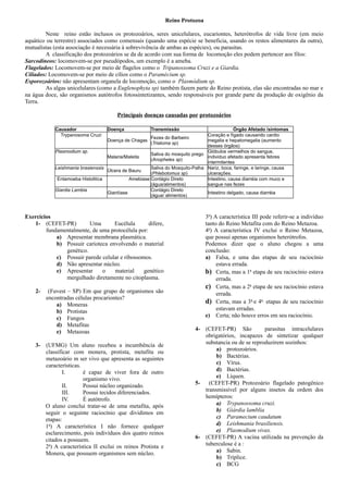 Reino Protozoa
Neste reino estão inclusos os protozoários, seres unicelulares, eucariontes, heterótrofos de vida livre (em meio
aquático ou terrestre) associados como comensais (quando uma espécie se beneficia, usando os restos alimentares da outra),
mutualistas (esta associação é necessária à sobrevivência de ambas as espécies), ou parasitas.
A classificação dos protozoários se da de acordo com sua forma de locomoção eles podem pertencer aos filos:
Sarcodíneos: locomovem-se por pseudópodos, um exemplo é a ameba.
Flagelados: Locomovem-se por meio de flagelos como o Tripanossoma Cruzi e a Giardia.
Ciliados: Locomovem-se por meio de cílios como o Paramécium sp.
Esporozoários: não apresentam organela de locomoção, como o Plasmódium sp.
As algas unicelulares (como a Euglenophyta sp) também fazem parte do Reino protista, elas são encontradas no mar e
na água doce, são organismos autótrofos fotossintetizantes, sendo responsáveis por grande parte da produção de oxigênio da
Terra.
Principais doenças causadas por protozoários
Causador Doença Transmissão Órgão Afetado /sintomas
Trypanosoma Cruzi
Doença de Chagas
Fezes do Barbeiro
(Triatoma sp)
Coração e fígado causando cardio
megalia e hepatomegalia (aumento
desses órgãos)
Plasmodium sp.
Malaria/Maleita
Saliva do mosquito prego
(Anopheles sp)
Glóbulos vermelhos do sangue,
individuo afetado apresenta febres
intermitentes
Leishmania brasienssis
Úlcera de Bauru
Saliva do Mosquito-Palha
(Phlebotomus sp)
Nariz, boca, faringe, e laringe, causa
ulcerações.
Entamoeba Histolitica Amebiase Contágio Direto
(água/alimentos)
Intestino, causa diarréia com muco e
sangue nas fezes
Giardia Lambia
Giardíase
Contágio Direto
(água/ alimentos)
Intestino delgado, causa diarréia
Exercícios
1- (CEFET-PR) Uma Eucélula difere,
fundamentalmente, de uma protocélula por:
a) Apresentar membrana plasmática.
b) Possuir carioteca envolvendo o material
genético.
c) Possuir parede celular e ribossomos.
d) Não apresentar núcleo.
e) Apresentar o material genético
mergulhado diretamente no citoplasma.
2- (Fuvest – SP) Em que grupo de organismos são
encontradas células procariontes?
a) Moneras
b) Protistas
c) Fungos
d) Metafitas
e) Metazoas
3- (UFMG) Um aluno recebeu a incumbência de
classificar com monera, protista, metafita ou
metazoário m ser vivo que apresenta as seguintes
características.
I. é capaz de viver fora de outro
organismo vivo.
II. Possui núcleo organizado.
III. Possui tecidos diferenciados.
IV. É autótrofo.
O aluno conclui tratar-se de uma metafita, após
seguir o seguinte raciocínio que dividimos em
etapas:
1a
) A característica I não fornece qualquer
esclarecimento, pois indivíduos dos quatro reinos
citados a possuem.
2a
) A característica II exclui os reinos Protista e
Monera, que possuem organismos sem núcleo.
3a
) A característica III pode referir-se a indivíduo
tanto do Reino Metafita com do Reino Metazoa.
4a
) A característica IV exclui o Reino Metazoa,
que possui apenas organismos heterótrofos.
Podemos dizer que o aluno chegou a uma
conclusão:
a) Falsa, e uma das etapas de seu raciocínio
estava errada.
b) Certa, mas a 1a
etapa de seu raciocínio estava
errada.
c) Certa, mas a 2a
etapa de seu raciocínio estava
errada.
d) Certa, mas a 3a
e 4a
etapas de seu raciocínio
estavam erradas.
e) Certa; não houve erros em seu raciocínio.
4- (CEFET-PR) São parasitas intracelulares
obrigatórios, incapazes de sintetizar qualquer
substancia ou de se reproduzirem sozinhos:
a) protozoários.
b) Bactérias.
c) Vírus.
d) Bactérias.
e) Líquen.
5- (CEFET-PR) Protozoário flagelado patogênico
transmissível por alguns insetos da ordem dos
hemípteros:
a) Trypanossoma cruzi.
b) Giárdia lamblia
c) Paramecium caudatum
d) Leishmania brasiliensis.
e) Plasmodium vivax.
6- (CEFET-PR) A vacina utilizada na prevenção da
tuberculose é a :
a) Sabin.
b) Tríplice.
c) BCG
 