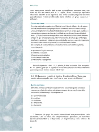 

outro nome para o retículo, pode se usar ergastoplasma, mas nesse caso, esse
nome só deve ser usado para o r.e. rugoso, isto é, aquele que apresenta
ribossomos aderidos a sua superfície. Este nome foi dado porque se descobriu
que substancias podem ser elaboradas nesta estrutura (do grego ergazomai =
elaborar).

 QUESTÃO DE VESTIBULAR
 Em artigo publicado no suplemento Mais!, do jornal Folha de S. Paulo, de 6 de agosto
 de 2000, José Reis relata que pesquisadores canadenses demonstraram que a alga
 unicelular Cryptomones resulta da fusão de dois organismos, um dos quais englobou o
 outro ao longo da evolução. Isso não é novidade no mundo vivo. Como relata José
 Reis:“[...] É hoje corrente em Biologia, após haver sido muito contestada inicialmente,
 a noção de que certas organelas [...] são remanescentes de células que em tempos
 idos foram ingeridas por célula mais desenvolvida. Dá-se a esta o nome de hospedeira
 e o de endossimbiontes às organelas que outrora teriam sido livres.”
 São exemplos de endossimbiontes em células animais e em células de plantas,
 respectivamente,
 a) aparelho de Golgi e centríolos.
 b) centríolos e vacúolos.
 c) lisossomos e cloroplastos.
 d) mitocôndrias e vacúolos
 e) mitocôndrias e cloroplastos.


   Se você respondeu a letra “e”, é porque já deve ter ouvido falar a respeito.
Na sua opinião, por que as organelas citadas são consideradas endossimbiontes
que num passado remoto teriam sido livres?


 Q.E. 10) Pesquise a respeito da hipótese de endossimbiose. Quais argu-
 mentos são empregados para confirmar e para negar esta hipótese?


 QUESTÃO DE VESTIBULAR
 39) Células animais, quando privadas de alimento, passam a degradar partes de si
 mesmas como fonte de matéria-prima para sobreviver. A organela citoplasmática
 diretamente responsável por essa degradação é
 a) o aparelho de Golgi.
 b) o centríolo.
 c) o lisossomo.
 d) a mitocôndria.
 e) o ribossomo.




    O lisossomo (do grego lise, quebra, destruição) é uma pequena bolsa cheia
de enzimas. Uma vez tendo feito a fagocitose (ou a pinocitose), os lisossomos
de uma célula fundem-se ao fagossomo (ou ao pinossomo) com a intenção de
digeri-lo.



 