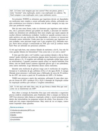   -  

 Q.E. 2) Como você imagina que isso ocorre? Pare um pouco, pense e
 tente “inventar” uma explicação, anote a sua explicação no caderno. No
 final compare a sua explicação com o que realmente ocorre.

   Em princípio TODOS os alimentos que ingerimos devem ser degradados
em moléculas mais simples a serem utilizadas pelas células, utilizando rea-
ções exotérmicas (exo=exterior e térmica vem de calor: energia), ou seja, rea-
ções que produzem energia.
    Dito de uma outra forma, todos os alimentos que ingerimos estão reduzi-
dos, isto é, possuem elétrons que podem ser doados, e precisam ser transfor-
mados (os alimentos) em substâncias bem mais simples que sejam capazes de
receber elétrons (substâncias oxidadas). Lembre-se: quando acontece uma re-
ação química em que moléculas são degradadas, os átomos se reassociam
formando outras moléculas. Então para que os nutrientes que ingerimos se-
jam oxidados, estes precisam reagir com o gás oxigênio (O2), liberando ener-
gia. Parte dessa energia é armazenada no ATP, que você já conhece muito
bem! Para ser utilizada nos processos celulares.

5) Até aqui tudo bem, mas estamos falando de nutrientes e de O2. Isso não foi
visto quando falamos de fotossíntese? Uma coisa tem a ver com a outra?
    É claro que têm tudo a ver! Lembra o que acontece durante o dia na fotos-
síntese? (pode relembrar nas primeiras páginas deste fascículo) as plantas pro-
duzem glicose e O2. O oxigênio será utilizado na respiração celular (que ocorre
na mitocôndria); e quando comemos aquela alface ou aquela batatinha frita
(hmm, está me dando fome!) estamos ingerindo glicose que é um carboidrato,
entre outros nutrientes. Logo falaremos desses outros nutrientes.
    Quando uma molécula de glicose reage com 6 moléculas de oxigênio,
formam-se 6 moléculas de gás carbônico (CO2) e 6 de água (H2O). A energia
liberada nesse processo é suficiente para a fabricação de cerca de 38 molécu-
las de ATP: isto ocorre a partir de 38 moléculas de ADP e 38 fosfatos.
    TODO esse processo a partir dos nutrientes, utilizando O2 para obter ener-
gia em forma de ATP e produzir CO2 e H2O é chamado de respiração celular
ou respiração aeróbica por utilizar o oxigênio atmosférico.

 Q.E. 3) Até aqui está tudo claro, mas, de que forma a batata frita que você
 come vai se transformar em ATP?

    Para obter a energia da batatinha frita (que está reduzida) o organismo
precisa oxidá-la completamente, para finalmente obter a energia em forma de
ATP. Esse processo todo chama-se respiração celular e ocorre principalmente
dentro das mitocôndrias (as pequenas usinas) da célula. Esse processo é for-
mado por três etapas importantíssimas. Mas, antes de ver as etapas, vamos
tentar responder umas questões:

 QUESTÃO DE VESTIBULAR
 O trifosfato de adenosina (ATP) é um:
 a) ácido nucléico.
 b) lipídio.
 c) monossacarídeo.
 d) nucleotídeo.



                                                                            
 