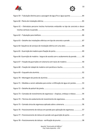 Apostila "Construção de Edifícios"
Prof. Pedro Kopschitz - UFJF
10
Figura 59 – Tubulação distinta para a passagem de água fria e água quente.........................84
Figura 60 - Planta de instalação elétrica. .................................................................................85
Figura 61 – Eletroduto percorre trechos horizontais embutido na laje de concreto e desce
trechos verticais na parede. .............................................................................................86
Figura 62 – Tubulação para telefone........................................................................................86
Figura 63 – Detalhe das instalações elétricas em laje de concreto e parede. .........................87
Figura 64- Sequência de serviços de instalação elétrica em uma obra. ..................................88
Figura 65 - Guarnição de madeira para fixação de porta.........................................................89
Figura 66- Guarnição de madeira - largura de acordo com o acabamento da parede............90
Figura 67 – Fixação de guarnições em alvenaria com tacos de madeira.................................90
Figura 68 – Fixação de rodapé de madeira com parafuso e bucha..........................................91
Figura 69 – Esquadria de alumínio. ..........................................................................................92
Figura 70 – Montagem de janela de alumínio..........................................................................92
Figura 71 – Medidas a serem adotadas para evitar a infiltração de água em janelas.............93
Figura 72 – Detalhe de peitoril de janela. ................................................................................93
Figura 73 – Camadas de revestimento de argamassa – chapisco, emboço e reboco..............94
Figura 74 – Técnicas de acabamento de revestimento de argamassa.....................................96
Figura 75 – Camada única de argamassa aplicada sobre a alvenaria. .....................................96
Figura 76 – Posicionamento de taliscas em parede para aplicação de argamassa. ................97
Figura 77 – Posicionamento de talisca em parede com guarnição de porta...........................97
Figura 78 – Posicionamento de taliscas - verificação do prumo..............................................98
 