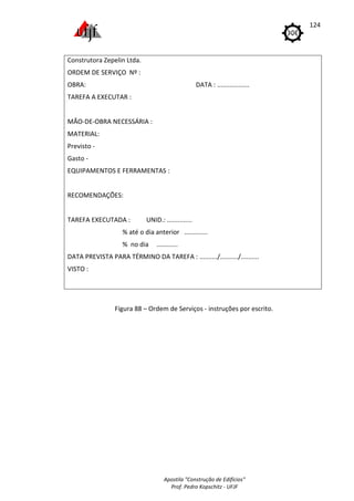 Apostila "Construção de Edifícios"
Prof. Pedro Kopschitz - UFJF
124
Construtora Zepelin Ltda.
ORDEM DE SERVIÇO Nº :
OBRA: DATA : ..................
TAREFA A EXECUTAR :
MÃO-DE-OBRA NECESSÁRIA :
MATERIAL:
Previsto -
Gasto -
EQUIPAMENTOS E FERRAMENTAS :
RECOMENDAÇÕES:
TAREFA EXECUTADA : UNID.: ..............
% até o dia anterior .............
% no dia ...…......
DATA PREVISTA PARA TÉRMINO DA TAREFA : ........../........../..........
VISTO :
Figura 88 – Ordem de Serviços - instruções por escrito.
 
