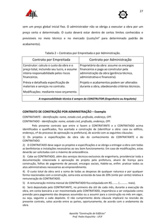 Apostila "Construção de Edifícios"
Prof. Pedro Kopschitz - UFJF
27
sem um preço global inicial fixo. O administrador não se obriga a executar a obra por um
preço certo e determinado. O custo deverá estar dentro de certos limites conhecidos e
previsíveis no meio técnico e no mercado (custo/m² para determinado padrão de
acabamento).
Tabela 2 – Contratos por Empreitada e por Administração.
Contrato por Empreitada Contrato por Administração
Construtor: calcula o custo da obra e o
preço total, incluindo seu lucro, e assume
inteira responsabilidade pelos riscos
financeiros.
Prévia e detalhada especificação de
materiais e serviços no contrato.
Modificações: mediante novo orçamento.
Proprietário da obra: assume os encargos
financeiros e paga ao construtor pela
administração da obra (gerência técnica,
administrativa e financeira).
Projeto e acabamentos podem ser alterados
durante a obra, obedecendo critérios técnicos.
A responsabilidade técnica é sempre do CONSTRUTOR (Engenheiro ou Arquiteto)
CONTRATO DE CONSTRUÇÃO POR ADMINISTRAÇÃO – Exemplo
CONTRATANTE - Identificação: nome, estado civil, profissão, endereço, CPF.
CONTRATADO - Identificação: nome, estado civil, profissão, endereço, CPF.
Pelo presente contrato que entre si fazem o CONTRATANTE e o CONTRATADO acima
identificados e qualificados, fica acertada a construção de (identificar a obra: casa ou edifício,
endereço, nº do processo de aprovação na prefeitura), de acordo com as seguintes cláusulas:
1) Os projetos e especificações da obra são do conhecimento do CONTRATANTE e do
CONTRATADO.
2) O CONTRATADO deve seguir os projetos e especificações e se obriga a entregar a obra com todas
as benfeitorias e instalações necessárias ao seu bom funcionamento. Em caso de modificações, estas
deverão ser solicitadas com o máximo de antecedência.
3) Cabe ao CONTRATADO, além dos serviços técnicos exclusivos de engenharia, providenciar toda a
documentação relacionada à aprovação do projeto pela prefeitura, alvará de licença para
construção, folhas de pagamento de pessoal, encargos sociais, Habite-se, enfim: praticar todos os
atos administrativos necessários ao empreendimento.
4) O custo total da obra será a soma de todas as despesas de qualquer natureza e por qualquer
forma reacionadas com a construção, soma esta acrescida da taxa de 20% (vinte por cento) relativa à
remuneração do CONTRATADO.
5) A remuneração mínima mensal do CONTRATADO fica estipulada em R$……… (………... reais).
6) Será depositada pelo CONTRATANTE, no primeiro dia útil de cada mês, durante a execução da
obra, em conta bancária a ser movimentada pelo CONTRATADO, importância a ser estipulada como
previsão para pagamento das despesas assumidas ou a assumir para a construção no mês em vigor,
ou seja, seguinte a cada depósito. O não cumprimento desta cláusula implicará na rescisão do
presente contrato, salvo acordo entre as partes, oportunamente, de acordo com o andamento da
obra.
 