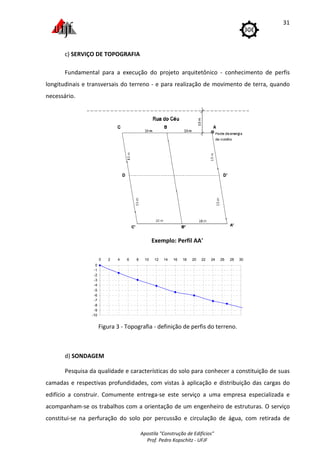 c) SERVIÇO DE TOPOGRAFIA
Fundamental para a execução do projeto arquitetônico
longitudinais e transversais do terreno
necessário.
Figura
d) SONDAGEM
Pesquisa da qualidade e características do solo para conhecer a constituição de suas
camadas e respectivas profund
edifício a construir. Comumente entrega
acompanham-se os trabalhos com a orientação de um engenheiro de estruturas. O serviço
constitui-se na perfuração do solo por perc
-10
-9
-8
-7
-6
-5
-4
-3
-2
-1
0
0 2
Apostila "Construção de Edifícios"
Prof. Pedro Kopschitz - UFJF
SERVIÇO DE TOPOGRAFIA
undamental para a execução do projeto arquitetônico - conhecimento de perfis
longitudinais e transversais do terreno - e para realização de movimento de terra, quando
Exemplo: Perfil AA'
Figura 3 - Topografia - definição de perfis do terreno.
esquisa da qualidade e características do solo para conhecer a constituição de suas
camadas e respectivas profundidades, com vistas à aplicação e distribuição das cargas do
Comumente entrega-se este serviço a uma empresa especializada e
se os trabalhos com a orientação de um engenheiro de estruturas. O serviço
ão do solo por percussão e circulação de água, com
4 6 8 10 12 14 16 18 20 22 24 26 28
31
conhecimento de perfis
e para realização de movimento de terra, quando
definição de perfis do terreno.
esquisa da qualidade e características do solo para conhecer a constituição de suas
e distribuição das cargas do
ço a uma empresa especializada e
se os trabalhos com a orientação de um engenheiro de estruturas. O serviço
ussão e circulação de água, com retirada de
28 30
 