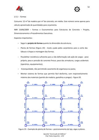 Apostila "Construção de Edifícios"
Prof. Pedro Kopschitz - UFJF
52
2.5.1 - Formas
Consumo: 12 m² de madeira por m³ de concreto, em média. Este número serve apenas para
cálculo aproximado de quantidades para orçamento.
NBR 15696/2009 – Formas e Escoramentos para Estruturas de Concreto – Projeto,
Dimensionamento e Procedimentos Executivos.
Aspectos importantes:
− Seguir o projeto de formas quanto às dimensões da estrutura;
− Planta de formas (Figura 19) - muito usada pelos carpinteiros para o corte das
tábuas e chapas e montagem das formas.
− Possibilitar resistência suficiente para a não deformação sob ação de cargas - peso
próprio, peso e pressão do concreto fresco, peso das armaduras, cargas acidentais
(operários, equipamentos);
− Estanqueidade, não permitindo vazamento de argamassa ou pasta;
− Montar sistema de formas que permita fácil desforma, com reaproveitamento
máximo dos materiais (painéis de madeira, gastalhos e pregos) - Figura 20.
Figura 19 – Exemplo de planta de formas – posicionamento de laje, vigas e pilares.
 