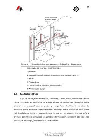 Apostila "Construção de Edifícios"
Prof. Pedro Kopschitz - UFJF
84
Figura 59 – Tubulação distinta para a passagem de água fria e água quente.
SEQUÊNCIA DE SERVIÇOS EM BANHEIROS:
1) Alvenaria
2) Tubulação, conexões, válvula de descarga, caixa sifonada, registros.
3) Azulejo
4) Piso cerâmico
5) Louças sanitárias, bancadas, metais sanitários.
6) Arremates do azulejo.
2.9 - Instalações Elétricas
Etapa de instalação de eletrodutos, condutores, chaves, caixas, luminárias e demais
meios necessários ao suprimento de energia elétrica no interior das edificações, todos
dimensionados e especificados em projeto por engenheiro eletricista. É uma etapa da
edificação que se inicia com a ligação provisória de energia para o canteiro de obras, passa
pela instalação de tubos e caixas embutidas durante as concretagens, continua após a
alvenaria com trechos embutidos nas paredes e termina com a passagem dos fios pelos
eletrodutos e suas ligações em tomadas e interruptores.
 