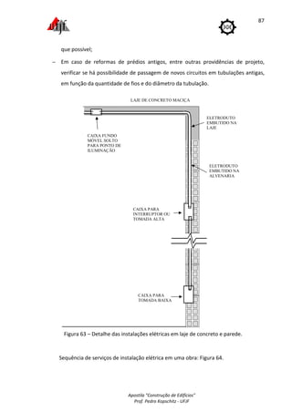 Apostila "Construção de Edifícios"
Prof. Pedro Kopschitz - UFJF
87
que possível;
− Em caso de reformas de prédios antigos, entre outras providências de projeto,
verificar se há possibilidade de passagem de novos circuitos em tubulações antigas,
em função da quantidade de fios e do diâmetro da tubulação.
Figura 63 – Detalhe das instalações elétricas em laje de concreto e parede.
Sequência de serviços de instalação elétrica em uma obra: Figura 64.
ELETRODUTO
EMBUTIDO NA
ALVENARIA
CAIXA PARA
INTERRUPTOR OU
TOMADA ALTA
CAIXA PARA
TOMADA BAIXA
LAJE DE CONCRETO MACIÇA
CAIXA FUNDO
MÓVEL SOLTO
PARA PONTO DE
ILUMINAÇÃO
ELETRODUTO
EMBUTIDO NA
LAJE
 