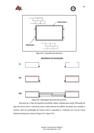 I)
II)
III)
Figura
Seja qual for o tipo
água de chuva como o caimento, para o lado externo do edifício, da pedra que compõe o
peitoril, além da calafetação de frestas entre a esquadria e a fachada com uso de massa
flexível (mastique) ou silicone
Apostila "Construção de Edifícios"
Prof. Pedro Kopschitz - UFJF
Figura 69 – Esquadria de alumínio.
SEQUÊNCIA DE COLOCAÇÃO
Figura 70 – Montagem de janela de alumínio.
de esquadria escolhida, adotar medidas para evitar infiltração de
chuva como o caimento, para o lado externo do edifício, da pedra que compõe o
peitoril, além da calafetação de frestas entre a esquadria e a fachada com uso de massa
lexível (mastique) ou silicone (Figura 71 e Figura 72).
92
, adotar medidas para evitar infiltração de
chuva como o caimento, para o lado externo do edifício, da pedra que compõe o
peitoril, além da calafetação de frestas entre a esquadria e a fachada com uso de massa
XT
NT
 