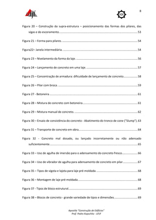 Apostila "Construção de Edifícios"
Prof. Pedro Kopschitz - UFJF
8
Figura 20 – Construção da supra-estrutura – posicionamento das formas dos pilares, das
vigas e do escoramento....................................................................................................53
Figura 21 – Forma para pilares.................................................................................................54
Figura22– Janela intermediária................................................................................................54
Figura 23 – Nivelamento da forma da laje. ..............................................................................56
Figura 24 – Lançamento de concreto em uma laje..................................................................57
Figura 25 – Concentração de armadura: dificuldade de lançamento de concreto..................58
Figura 26 – Pilar com broca......................................................................................................59
Figura 27 - Betoneira ................................................................................................................61
Figura 28 – Mistura de concreto com betoneira......................................................................61
Figura 29 – Mistura manual de concreto. ................................................................................62
Figura 30 – Ensaio de consistência do concreto - Abatimento do tronco de cone ("Slump"). 63
Figura 31 – Transporte de concreto em obra...........................................................................64
Figura 32 - Concreto mal dosado, ou lançado incorretamente ou não adensado
suficientemente................................................................................................................65
Figura 33 – Uso de agulha de imersão para o adensamento do concreto fresco....................66
Figura 34 – Uso de vibrador de agulha para adensamento de concreto em pilar...................67
Figura 35 – Tipos de vigota e lajota para laje pré-moldada.....................................................68
Figura 36 – Montagem de laje pré-moldada............................................................................68
Figura 37 - Tipos de bloco estrutural........................................................................................69
Figura 38 – Blocos de concreto - grande variedade de tipos e dimensões..............................69
 