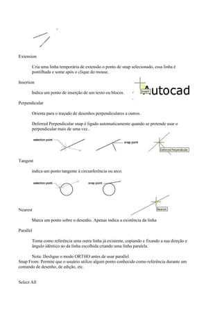 Extension
Cria uma linha temporária de extensão o ponto de snap selecionado, essa linha é
pontilhada e some após o clique do mouse.
Insertion
Indica um ponto de inserção de um texto ou blocos.
Perpendicular
Orienta para o traçado de desenhos perpendiculares a outros.
Deferred Perpendicular snap é ligado automaticamente quando se pretende usar o
perpendicular mais de uma vez..
Tangent
indica um ponto tangente à circunferência ou arco.
Nearest
Marca um ponto sobre o desenho. Apenas indica a existência da linha
Parallel
Toma como referência uma outra linha já existente, copiando e fixando a sua direção e
ângulo idêntico ao da linha escolhida criando uma linha paralela.
Nota: Desligue o modo ORTHO antes de usar parallel.
Snap From: Permite que o usuário utilize algum ponto conhecido como referência durante um
comando de desenho, de edição, etc.
Select All
 