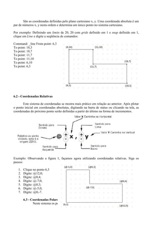 São as coordenadas definidas pelo plano cartesiano x, y. Uma coordenada absoluta é um
par de números x, y nesta ordem e determina um único ponto no sistema cartesiano.
Por exemplo: Definindo um limits de 20, 20 com grids definido em 1 e snap definido em 1,
clique em Line e digite a seqüência de comandos:
Command: _line From point: 6,3
To point: 18,3
To point: 18,7
To point: 11,7
To point: 11,10
To point: 6,10
To point: 6,3
6.2 - Coordenadas Relativas
Este sistema de coordenadas se mostra mais prático em relação ao anterior. Após plotar
o ponto inicial em coordenadas absolutas, digitando na barra de status ou clicando na tela, as
coordenadas do próximo ponto serão definidas a partir do último na forma de incrementos.
Exemplo: Observando a figura 1, façamos agora utilizando coordenadas relativas. Siga os
passos:
1. Clique no ponto 6,3
2. Digite: @12,0;
3. Digite: @0,4;
4. Digite: @-7,0;
5. Digite: @0,3;
6. Digite: @-5,0;
7. Digite: @0,-7.
6.3 - Coordenadas Polares
Neste sistema os pontos são especificados a partir de 2 parâmetros:
 