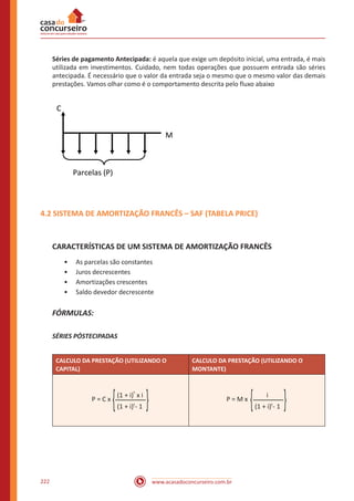 www.acasadoconcurseiro.com.br222
Séries de pagamento Antecipada: é aquela que exige um depósito inicial, uma entrada, é mais
utilizada em investimentos. Cuidado, nem todas operações que possuem entrada são séries
antecipada. É necessário que o valor da entrada seja o mesmo que o mesmo valor das demais
prestações. Vamos olhar como é o comportamento descrita pelo fluxo abaixo
C
M
Parcelas (P)
4.2 SISTEMA DE AMORTIZAÇÃO FRANCÊS – SAF (TABELA PRICE)
CARACTERÍSTICAS DE UM SISTEMA DE AMORTIZAÇÃO FRANCÊS
•• As parcelas são constantes
•• Juros decrescentes
•• Amortizações crescentes
•• Saldo devedor decrescente
FÓRMULAS:
SÉRIES PÓSTECIPADAS
CALCULO DA PRESTAÇÃO (UTILIZANDO O
CAPITAL)
CALCULO DA PRESTAÇÃO (UTILIZANDO O
MONTANTE)
P = C x
{(1 + i) x i
t
(1 + i) - 1t
{ P = M x
{ i
(1 + i) - 1t
{
 