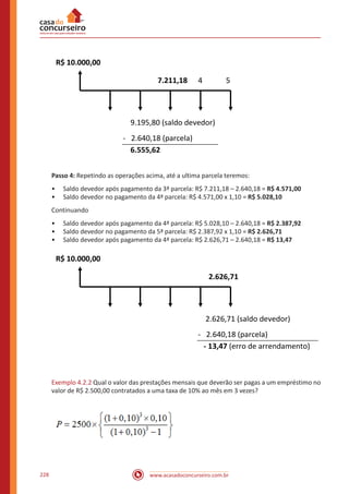 www.acasadoconcurseiro.com.br228
R$ 10.000,00
9.195,80 (saldo devedor)
- 2.640,18 (parcela)
6.555,62
7.211,18 4 5
Passo 4: Repetindo as operações acima, até a ultima parcela teremos:
•• Saldo devedor após pagamento da 3ª parcela: R$ 7.211,18 – 2.640,18 = R$ 4.571,00
•• Saldo devedor no pagamento da 4ª parcela: R$ 4.571,00 x 1,10 = R$ 5.028,10
Continuando
•• Saldo devedor após pagamento da 4ª parcela: R$ 5.028,10 – 2.640,18 = R$ 2.387,92
•• Saldo devedor no pagamento da 5ª parcela: R$ 2.387,92 x 1,10 = R$ 2.626,71
•• Saldo devedor após pagamento da 4ª parcela: R$ 2.626,71 – 2.640,18 = R$ 13,47
R$ 10.000,00
2.626,71 (saldo devedor)
- 2.640,18 (parcela)
- 13,47 (erro de arrendamento)
2.626,71
Exemplo 4.2.2 Qual o valor das prestações mensais que deverão ser pagas a um empréstimo no
valor de R$ 2.500,00 contratados a uma taxa de 10% ao mês em 3 vezes?
 
