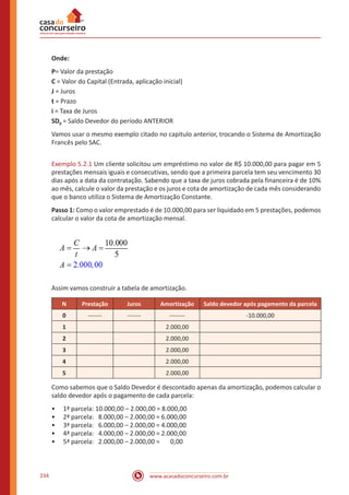 www.acasadoconcurseiro.com.br234
Onde:
P= Valor da prestação
C = Valor do Capital (Entrada, aplicação inicial)
J = Juros
t = Prazo
i = Taxa de Juros
SD0 = Saldo Devedor do período ANTERIOR
Vamos usar o mesmo exemplo citado no capitulo anterior, trocando o Sistema de Amortização
Francês pelo SAC.
Exemplo 5.2.1 Um cliente solicitou um empréstimo no valor de R$ 10.000,00 para pagar em 5
prestações mensais iguais e consecutivas, sendo que a primeira parcela tem seu vencimento 30
dias após a data da contratação. Sabendo que a taxa de juros cobrada pela financeira é de 10%
ao mês, calcule o valor da prestação e os juros e cota de amortização de cada mês considerando
que o banco utiliza o Sistema de Amortização Constante.
Passo 1: Como o valor emprestado é de 10.000,00 para ser liquidado em 5 prestações, podemos
calcular o valor da cota de amortização mensal.
Assim vamos construir a tabela de amortização.
N Prestação Juros Amortização Saldo devedor após pagamento da parcela
0 ------- ------- -------- -10.000,00
1 2.000,00
2 2.000,00
3 2.000,00
4 2.000,00
5 2.000,00
Como sabemos que o Saldo Devedor é descontado apenas da amortização, podemos calcular o
saldo devedor após o pagamento de cada parcela:
•• 1ª parcela: 10.000,00 – 2.000,00 = 8.000,00
•• 2ª parcela: 8.000,00 – 2.000,00 = 6.000,00
•• 3ª parcela: 6.000,00 – 2.000,00 = 4.000,00
•• 4ª parcela: 4.000,00 – 2.000,00 = 2.000,00
•• 5ª parcela: 2.000,00 – 2.000,00 = 0,00
 