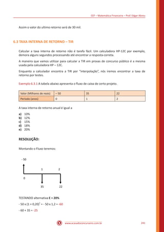 CEF – Matemática Financeira – Prof. Edgar Abreu
www.acasadoconcurseiro.com.br 241
Assim o valor do ultimo retorno será de 30 mil.
6.3 TAXA INTERNA DE RETORNO – TIR
Calcular a taxa interna de retorno não é tarefa fácil. Um calculadora HP-12C por exemplo,
demora alguns segundos processando até encontrar a resposta correta.
A maneira que vamos utilizar para calcular a TIR em provas de concurso público é a mesma
usada pela calculadora HP – 12C.
Enquanto a calculador encontra a TIR por “interpolação”, nós iremos encontrar a taxa de
retorno por testes.
Exemplo 6.3.1 A tabela abaixo apresenta o fluxo de caixa de certo projeto.
Valor (Milhares de reais) – 50 35 22
Período (anos) 0 1 2
A taxa interna de retorno anual é igual a
a)	 10%
b)	 12%
c)	 15%
d)	 18%
e)	 20%
RESOLUÇÃO:
Montando o Fluxo teremos:
- 50
35 22
1 2
0
TESTANDO alternativa E = 20%
- 50 x (1 + 0,20)
1
= - 50 x 1,2 = -60
- 60 + 35 = -25
 