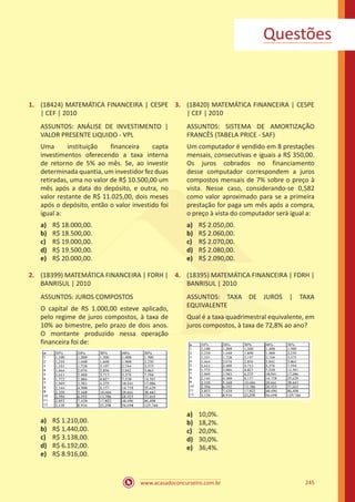 www.acasadoconcurseiro.com.br 245
1.	 (18424) MATEMÁTICA FINANCEIRA | CESPE
| CEF | 2010
ASSUNTOS: ANÁLISE DE INVESTIMENTO |
VALOR PRESENTE LIQUIDO - VPL
Uma instituição financeira capta
investimentos oferecendo a taxa interna
de retorno de 5% ao mês. Se, ao investir
determinada quantia, um investidor fez duas
retiradas, uma no valor de R$ 10.500,00 um
mês após a data do depósito, e outra, no
valor restante de R$ 11.025,00, dois meses
após o depósito, então o valor investido foi
igual a:
a)	 R$ 18.000,00.
b)	 R$ 18.500,00.
c)	 R$ 19.000,00.
d)	 R$ 19.500,00.
e)	 R$ 20.000,00.
2.	 (18399) MATEMÁTICA FINANCEIRA | FDRH |
BANRISUL | 2010
ASSUNTOS: JUROS COMPOSTOS
O capital de RS 1.000,00 esteve aplicado,
pelo regime de juros compostos, à taxa de
10% ao bimestre, pelo prazo de dois anos.
O montante produzido nessa operação
financeira foi de:
a)	 R$ 1.210,00.
b)	 R$ 1.440,00.
c)	 R$ 3.138,00.
d)	 R$ 6.192,00.
e)	 R$ 8.916,00.
3.	 (18420) MATEMÁTICA FINANCEIRA | CESPE
| CEF | 2010
ASSUNTOS: SISTEMA DE AMORTIZAÇÃO
FRANCÊS (TABELA PRICE - SAF)
Um computador é vendido em 8 prestações
mensais, consecutivas e iguais a R$ 350,00.
Os juros cobrados no financiamento
desse computador correspondem a juros
compostos mensais de 7% sobre o preço à
vista. Nesse caso, considerando-se 0,582
como valor aproximado para se a primeira
prestação for paga um mês após a compra,
o preço à vista do computador será igual a:
a)	 R$ 2.050,00.
b)	 R$ 2.060,00.
c)	 R$ 2.070,00.
d)	 R$ 2.080,00.
e)	 R$ 2.090,00.
4.	 (18395) MATEMÁTICA FINANCEIRA | FDRH |
BANRISUL | 2010
ASSUNTOS: TAXA DE JUROS | TAXA
EQUIVALENTE
Qual é a taxa quadrimestral equivalente, em
juros compostos, à taxa de 72,8% ao ano?
a)	 10,0%.
b)	 18,2%.
c)	 20,0%.
d)	 30,0%.
e)	 36,4%.
Questões
 