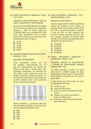 www.acasadoconcurseiro.com.br250
21.	(18427) MATEMÁTICA FINANCEIRA | CESPE
| CEF | 2010
ASSUNTOS: JUROS COMPOSTOS | TAXA DE
JUROS | TAXA EFETIVA | TAXA NOMINAL
Um cliente tomou R$ 20.000,00 emprestados
de um banco que pratica juros compostos
mensais, e, após 12 meses, pagou R$
27.220,00. Nesse caso, considerando 1,026
como valor aproximado para é correto
afirmar que a taxa de juros nominal, anual,
praticada pelo banco foi igual a:
a)	 30,2%.
b)	 31,2%.
c)	 32,2%.
d)	 33,3%.
e)	 34,2%.
22.	(18398) MATEMÁTICA FINANCEIRA | FDRH |
BANRISUL | 2010
ASSUNTOS: PORCENTAGEM
Certo comerciante verifica que um
dos produtos comercializados em sua
loja vem apresentando um volume de
vendas muito baixo e decide fazer uma
promoção, oferecendo um desconto de
20% sobre o preço original de venda. As
vendas, entretanto, continuam baixas, e o
comerciante decide oferecer novo desconto
de 20%, aplicado sobre o valor praticado
desde o começo da promoção.
Nessas condições, o percentual total dos
dois descontos, aplicados em cascata sobre
o preço original do produto, foi de:
a)	 20%.
b)	 25%.
c)	 36%.
d)	 40%.
e)	 44%.
23.	(3586) MATEMÁTICA FINANCEIRA | FCC |
BANCO DO BRASIL | 2011
ASSUNTOS: JUROS SIMPLES
Faustino dispõe de R$ 22.500,00 e pretende
aplicar esta quantia a juros simples, do
seguinte modo: 3/5 do total à taxa mensal
de 2,5% e, na mesma ocasião, o restante
à taxa de 1,8% ao mês. Supondo que
durante 8 meses sucessivos Faustino não
faça qualquer retirada, ao término desse
período o montante que ele obterá das duas
aplicações será igual, em R$, a:
a)	 25 548,00.
b)	 26 496,00.
c)	 26 864,00.
d)	 27 586,00.
e)	 26 648,00.
24.	(18433) MATEMÁTICA FINANCEIRA |
CESGRANRIO | BNDES | 2011
ASSUNTOS: ANÁLISE DE INVESTIMENTO
| SISTEMA DE AMORTIZAÇÃO FRANCÊS
(TABELA PRICE - SAF)
Um fluxo financeiro envolve um gasto
inicial de R$ 1.000,00 seguido de doze
recebimentos mensais iguais e consecutivos
de R$ 100,00, começando um mês após o
gasto inicial.
A taxa interna de retorno (taxa de juros
compostos) de tal fluxo é:
a)	 de 20% ao ano.
b)	 maior que 20% ao ano.
c)	 nula, se o juro de mercado for de 20%
ao ano.
d)	 negativa, se o juro de mercado for
maior que 20% ao ano.
e)	 maior que o valor presente líquido do
fluxo financeiro.
 