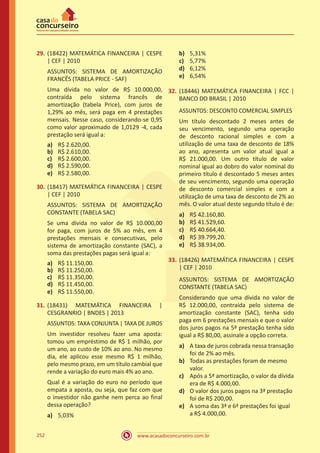 www.acasadoconcurseiro.com.br252
29.	(18422) MATEMÁTICA FINANCEIRA | CESPE
| CEF | 2010
ASSUNTOS: SISTEMA DE AMORTIZAÇÃO
FRANCÊS (TABELA PRICE - SAF)
Uma dívida no valor de R$ 10.000,00,
contraída pelo sistema francês de
amortização (tabela Price), com juros de
1,29% ao mês, será paga em 4 prestações
mensais. Nesse caso, considerando-se 0,95
como valor aproximado de 1,0129 -4, cada
prestação será igual a:
a)	 R$ 2.620,00.
b)	 R$ 2.610,00.
c)	 R$ 2.600,00.
d)	 R$ 2.590,00.
e)	 R$ 2.580,00.
30.	(18417) MATEMÁTICA FINANCEIRA | CESPE
| CEF | 2010
ASSUNTOS: SISTEMA DE AMORTIZAÇÃO
CONSTANTE (TABELA SAC)
Se uma dívida no valor de R$ 10.000,00
for paga, com juros de 5% ao mês, em 4
prestações mensais e consecutivas, pelo
sistema de amortização constante (SAC), a
soma das prestações pagas será igual a:
a)	 R$ 11.150,00.
b)	 R$ 11.250,00.
c)	 R$ 11.350,00.
d)	 R$ 11.450,00.
e)	 R$ 11.550,00.
31.	(18431) MATEMÁTICA FINANCEIRA |
CESGRANRIO | BNDES | 2013
ASSUNTOS: TAXA CONJUNTA | TAXA DE JUROS
Um investidor resolveu fazer uma aposta:
tomou um empréstimo de R$ 1 milhão, por
um ano, ao custo de 10% ao ano. No mesmo
dia, ele aplicou esse mesmo R$ 1 milhão,
pelo mesmo prazo, em um título cambial que
rende a variação do euro mais 4% ao ano.
Qual é a variação do euro no período que
empata a aposta, ou seja, que faz com que
o investidor não ganhe nem perca ao final
dessa operação?
a)	 5,03%
b)	 5,31%
c)	 5,77%
d)	 6,12%
e)	 6,54%
32.	(18446) MATEMÁTICA FINANCEIRA | FCC |
BANCO DO BRASIL | 2010
ASSUNTOS: DESCONTO COMERCIAL SIMPLES
Um título descontado 2 meses antes de
seu vencimento, segundo uma operação
de desconto racional simples e com a
utilização de uma taxa de desconto de 18%
ao ano, apresenta um valor atual igual a
R$ 21.000,00. Um outro título de valor
nominal igual ao dobro do valor nominal do
primeiro título é descontado 5 meses antes
de seu vencimento, segundo uma operação
de desconto comercial simples e com a
utilização de uma taxa de desconto de 2% ao
mês. O valor atual deste segundo título é de:
a)	 R$ 42.160,80.
b)	 R$ 41.529,60.
c)	 R$ 40.664,40.
d)	 R$ 39.799,20.
e)	 R$ 38.934,00.
33.	(18426) MATEMÁTICA FINANCEIRA | CESPE
| CEF | 2010
ASSUNTOS: SISTEMA DE AMORTIZAÇÃO
CONSTANTE (TABELA SAC)
Considerando que uma dívida no valor de
R$ 12.000,00, contraída pelo sistema de
amortização constante (SAC), tenha sido
paga em 6 prestações mensais e que o valor
dos juros pagos na 5ª prestação tenha sido
igual a R$ 80,00, assinale a opção correta.
a)	 A taxa de juros cobrada nessa transação
foi de 2% ao mês.
b)	 Todas as prestações foram de mesmo
valor.
c)	 Após a 5ª amortização, o valor da dívida
era de R$ 4.000,00.
d)	 O valor dos juros pagos na 3ª prestação
foi de R$ 200,00.
e)	 A soma das 3ª e 6ª prestações foi igual
a R$ 4.000,00.
 