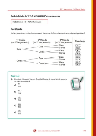 CEF - Matemática - Prof. Daniel Dudan
www.acasadoconcurseiro.com.br 311
Probabilidade de “PELO MENOS UM” evento ocorrer
Probabilidade = 1 – P (Nenhuma vez)
Ramificação
No lançamento sucessivo de uma moeda 3 vezes ou de 3 moedas, quais as possíveis disposições?
Faça você
6.	 Um dado é lançado 3 vezes. A probabilidade de que a face 4 apareça
ao menos uma vez é:
a)	
81
216
b)	
91
216
c)	
101
216
d)	
111
216
e)	
121
216
 
