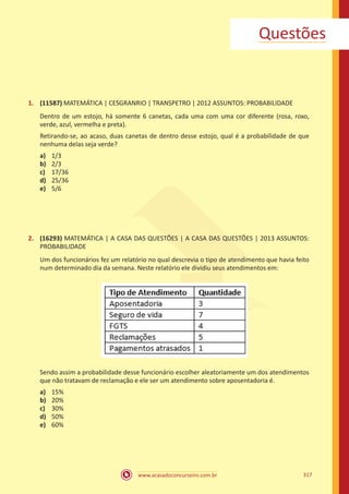 www.acasadoconcurseiro.com.br 317
Questões
1.	 (11587) MATEMÁTICA | CESGRANRIO | TRANSPETRO | 2012 ASSUNTOS: PROBABILIDADE
Dentro de um estojo, há somente 6 canetas, cada uma com uma cor diferente (rosa, roxo,
verde, azul, vermelha e preta).
Retirando-se, ao acaso, duas canetas de dentro desse estojo, qual é a probabilidade de que
nenhuma delas seja verde?
a)	 1/3
b)	 2/3
c)	 17/36
d)	 25/36
e)	 5/6
2.	 (16293) MATEMÁTICA | A CASA DAS QUESTÕES | A CASA DAS QUESTÕES | 2013 ASSUNTOS:
PROBABILIDADE
Um dos funcionários fez um relatório no qual descrevia o tipo de atendimento que havia feito
num determinado dia da semana. Neste relatório ele dividiu seus atendimentos em:
Sendo assim a probabilidade desse funcionário escolher aleatoriamente um dos atendimentos
que não tratavam de reclamação e ele ser um atendimento sobre aposentadoria é.
a)	 15%
b)	 20%
c)	 30%
d)	 50%
e)	 60%
 