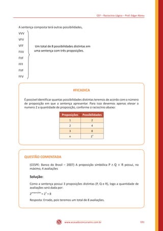 CEF – Raciocínio Lógico – Prof. Edgar Abreu
www.acasadoconcurseiro.com.br 331
A sentença composta terá outras possibilidades,
VVV
VFV
VFF
FVV
FVF
FFF
FVF
FFV
Um total de 8 possibilidades distintas em
uma sentença com três proposições.
#FICADICA
É possível identificar quantas possibilidades distintas teremos de acordo com o número
de proposição em que a sentença apresentar. Para isso devemos apenas elevar o
numero 2 a quantidade de proposição, conforme o raciocínio abaixo:
Proposições Possibilidades
1 2
2 4
3 8
n 2
n
QUESTÃO COMENTADA
(CESPE: Banco do Brasil – 2007) A proposição simbólica P ∧ Q ∨ R possui, no
máximo, 4 avaliações
Solução:
Como a sentença possui 3 proposições distintas (P, Q e R), logo a quantidade de
avaliações será dada por:
2
proposições
= 2
3
= 8
Resposta: Errado, pois teremos um total de 8 avaliações.
 