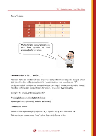 CEF – Raciocínio Lógico – Prof. Edgar Abreu
www.acasadoconcurseiro.com.br 335
Tabela Verdade:
p q P ∨ Q
H1 V V V
H2 F V V
H3 V F V
H4 F F F
Muita atenção, a disjunção somente
será falsa quando as duas
proposições forem falsas.
CONDICIONAL – “se......então......”
Recebe o nome de condicional toda proposição composta em que as partes estejam unidas
pelo conectivo Se... então, simbolicamente representaremos esse conectivo por “→”.
Em alguns casos o condicional é apresentado com uma vírgula substituindo a palavra “então”,
ficando a sentença com a seguinte característica: Se proposição 1 , proposição 2
Exemplo: “Se estudo, então sou aprovado.”
Proposição 1: estudo (Condição Suficiente).
Proposição 2: sou aprovado (Condição Necessária).
Conetivo: se.. então
Vamos chamar a primeira proposição de “p”, a segunda de “q” e o conetivo de “→”.
Assim podemos representar a “frase” acima da seguinte forma: p → q.
 