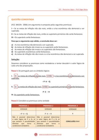 CEF – Raciocínio Lógico – Prof. Edgar Abreu
www.acasadoconcurseiro.com.br 339
QUESTÃO COMENTADA
(FCC: BACEN - 2006) Um argumento é composto pelas seguintes premissas:
I – Se as metas de inflação não são reais, então a crise econômica não demorará a ser
superada.
II – Se as metas de inflação são reais, então os superávits primários não serão fantasioso.
III – Os superávits serão fantasiosos.
Para que o argumento seja válido, a conclusão deve ser:
a)	 A crise econômica não demorará a ser superada.
b)	 As metas de inflação são irreais ou os superávits serão fantasiosos.
c)	 As metas de inflação são irreais e os superávits são fantasiosos.
d)	 Os superávits econômicos serão fantasiosos.
e)	 As metas de inflação não são irreais e a crise econômica não demorará a ser superada.
Solução:
Devemos considerar as premissas como verdadeiras e tentar descobrir o valor lógico de
cada uma das proposições.
Passo 1: Do português para os símbolos lógicos
I.	 Se as metas de inflação não são reais, eentão a crise econômica não demorará a ser
superada.
∽P → ∽Q
II.	 Se as metas de inflação são reais, eentão os superávits primários não serão fantasioso.
P → ∽ R
III.	Os superávits serão fantasiosos.
Passo 2: Considere as premissas como verdade
PREMISSA 1 PREMISSA 2 PREMISSA 3
VERDADE VERDADE VERDADE
∽P → ∽Q P → ∽ R R
Não é possível determinar
o valor lógico de P e Q, já
que existem 3 possibilidades
distintas que torna o
condicional verdadeiro
Não é possível determinar
o valor lógico de P e Q, já
que existem 3 possibilidades
distintas que torna o
condicional verdadeiro
CONCLUSÃO: R=V
 