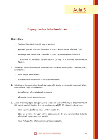 www.acasadoconcurseiro.com.br 55
Emprego do sinal indicativo de crase
Ocorre Crase
•• Os alunos foram à direção. (A prep. + A artigo)
•• A prova à qual nos referimos foi ontem. (A prep. + A do pronome relativo A Qual)
•• A nossa prova é semelhante à de vocês. (A prep. + A pronome demonstrativo)
•• O estudante fez referência àquele recurso. (A prep. + A pronome demonstrativo
Aquele).
1.	 Substitua a palavra feminina por outra masculina correlata; em surgindo a combinação AO,
haverá crase.
•• Meus amigos foram à praia.
•• Nunca seremos indiferentes às pessoas necessitadas.
2.	 Substitua os demonstrativos Aqueles(s), Aquela(s), Aquilo por A este(s), A esta(s), A isto;
mantendo-se a lógica, haverá crase.
•• Nunca fizeram referência àquele problema.
•• Não contarei nada àquelas turmas.
3.	 Antes de nome próprio de lugares, deve-se colocar o verbo VOLTAR; se dissermos VOLTO
DA, haverá acento indicativo de crase; se dissermos VOLTO DE, não ocorrerá o acento.
•• Vou à Espanha. (volto da). Vou a Londres. (volto de).
Obs.: se o nome do lugar estiver acompanhado de uma característica (adjunto
adnominal), o acento será obrigatório.
•• Vou a Portugal. Vou à Portugal das grandes navegações.
Aula 5
 
