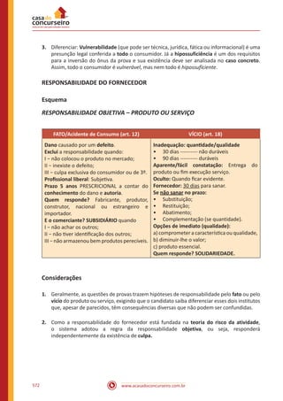 www.acasadoconcurseiro.com.br572
3.	 Diferenciar: Vulnerabilidade (que pode ser técnica, jurídica, fática ou informacional) é uma
presunção legal conferida a todo o consumidor. Já a hipossuficiência é um dos requisitos
para a inversão do ônus da prova e sua existência deve ser analisada no caso concreto.
Assim, todo o consumidor é vulnerável, mas nem todo é hipossuficiente.
RESPONSABILIDADE DO FORNECEDOR
Esquema
RESPONSABILIDADE OBJETIVA – PRODUTO OU SERVIÇO
FATO/Acidente de Consumo (art. 12) VÍCIO (art. 18)
Dano causado por um defeito.
Exclui a responsabilidade quando:
I − não colocou o produto no mercado;
II − inexiste o defeito;
III − culpa exclusiva do consumidor ou de 3º.
Profissional liberal: Subjetiva.
Prazo 5 anos PRESCRICIONAL a contar do
conhecimento do dano e autoria.
Quem responde? Fabricante, produtor,
construtor, nacional ou estrangeiro e
importador.
E o comerciante? SUBSIDIÁRIO quando
I − não achar os outros;
II − não tiver identificação dos outros;
III − não armazenou bem produtos perecíveis.
Inadequação: quantidade/qualidade
•• 30 dias ---------- não duráveis
•• 90 dias ---------- duráveis
Aparente/fácil constatação: Entrega do
produto ou fim execução serviço.
Oculto: Quando ficar evidente.
Fornecedor: 30 dias para sanar.
Se não sanar no prazo:
•• Substituição;
•• Restituição;
•• Abatimento;
•• Complementação (se quantidade).
Opções de imediato (qualidade):
a) comprometer a característica ou qualidade,
b) diminuir-lhe o valor;
c) produto essencial.
Quem responde? SOLIDARIEDADE.
Considerações
1.	 Geralmente, as questões de provas trazem hipóteses de responsabilidade pelo fato ou pelo
vício do produto ou serviço, exigindo que o candidato saiba diferenciar esses dois institutos
que, apesar de parecidos, têm consequências diversas que não podem ser confundidas.
2.	 Como a responsabilidade do fornecedor está fundada na teoria do risco da atividade,
o sistema adotou a regra da responsabilidade objetiva, ou seja, responderá
independentemente da existência de culpa.
 