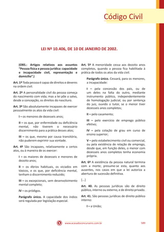 www.acasadoconcurseiro.com.br 589
Código Civil
LEI Nº 10.406, DE 10 DE JANEIRO DE 2002.
(OBS.: Artigos relativos aos assuntos
“Pessoa física e pessoa jurídica: capacidade
e incapacidade civil, representação e
domicílio”.)
Art. 1º Toda pessoa é capaz de direitos e deveres
na ordem civil.
Art. 2º A personalidade civil da pessoa começa
do nascimento com vida; mas a lei põe a salvo,
desde a concepção, os direitos do nascituro.
Art. 3º São absolutamente incapazes de exercer
pessoalmente os atos da vida civil:
I – os menores de dezesseis anos;
II – os que, por enfermidade ou deficiência
mental, não tiverem o necessário
discernimento para a prática desses atos;
III – os que, mesmo por causa transitória,
não puderem exprimir sua vontade.
Art. 4º São incapazes, relativamente a certos
atos, ou à maneira de os exercer:
I – os maiores de dezesseis e menores de
dezoito anos;
II – os ébrios habituais, os viciados em
tóxicos, e os que, por deficiência mental,
tenham o discernimento reduzido;
III – os excepcionais, sem desenvolvimento
mental completo;
IV – os pródigos.
Parágrafo único. A capacidade dos índios
será regulada por legislação especial.
Art. 5º A menoridade cessa aos dezoito anos
completos, quando a pessoa fica habilitada à
prática de todos os atos da vida civil.
Parágrafo único. Cessará, para os menores,
a incapacidade:
I – pela concessão dos pais, ou de
um deles na falta do outro, mediante
instrumento público, independentemente
de homologação judicial, ou por sentença
do juiz, ouvido o tutor, se o menor tiver
dezesseis anos completos;
II – pelo casamento;
III – pelo exercício de emprego público
efetivo;
IV – pela colação de grau em curso de
ensino superior;
V – pelo estabelecimento civil ou comercial,
ou pela existência de relação de emprego,
desde que, em função deles, o menor com
dezesseis anos completos tenha economia
própria.
Art. 6º A existência da pessoa natural termina
com a morte; presume-se esta, quanto aos
ausentes, nos casos em que a lei autoriza a
abertura de sucessão definitiva.
[...]
Art. 40. As pessoas jurídicas são de direito
público, interno ou externo, e de direito privado.
Art. 41. São pessoas jurídicas de direito público
interno:
I – a União;
 