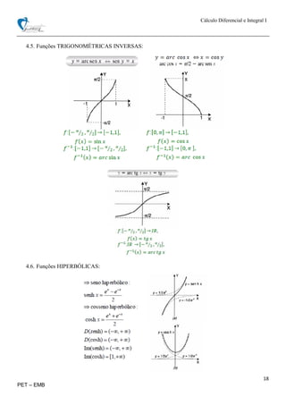 Cálculo Diferencial e Integral I
18
PET – EMB
4.5. Funções TRIGONOMÉTRICAS INVERSAS:
4.6. Funções HIPERBÓLICAS:
 