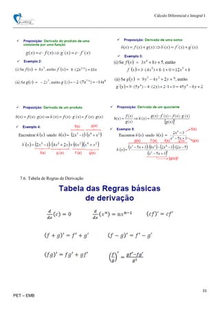 Cálculo Diferencial e Integral I
31
PET – EMB
7.6. Tabela de Regras de Derivação
 