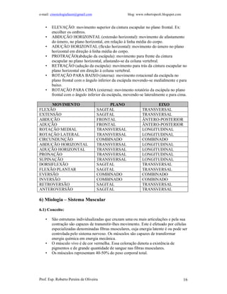 e-mail: cinesiologiafaum@gmail.com blog: www.robertopeoli.blogspot.com
Prof. Esp. Roberto Pereira de Oliveira 16
• ELEVAÇÃO: movimento superior da cintura escapular no plano frontal. Ex:
encolher os ombros.
• ABDUÇÃO HORIZONTAL (extensão horizontal): movimento de afastamento
do úmero, no plano horizontal, em relação à linha média do corpo.
• ADUÇÃO HORIZONTAL (flexão horizontal): movimento do úmero no plano
horizontal em direção à linha média do corpo.
• PROTRAÇÃO(abdução da escápula): movimento para frente da cintura
escapular no plano horizontal, afastando-se da coluna vertebral.
• RETRAÇÃO (adução da escápula): movimento para trás da cintura escapular no
plano horizontal em direção à coluna vertebral.
• ROTAÇÃO PARA BAIXO (interna): movimento rotacional da escápula no
plano frontal com o ângulo inferior da escápula movendo-se medialmente e para
baixo.
• ROTAÇÃO PARA CIMA (externa): movimento rotatório da escápula no plano
frontal com o ângulo inferior da escápula, movendo-se lateralmente e para cima.
MOVIMENTO PLANO EIXO
FLEXÃO SAGITAL TRANSVERSAL
EXTENSÃO SAGITAL TRANSVERSAL
ABDUÇÃO FRONTAL ÂNTERO-POSTERIOR
ADUÇÃO FRONTAL ÂNTERO-POSTERIOR
ROTAÇÃO MEDIAL TRANSVERSAL LONGITUDINAL
ROTAÇÃO LATERAL TRANSVERSAL LONGITUDINAL
CIRCUNDUNÇÃO COMBINADO COMBINADO
ABDUÇÃO HORIZONTAL TRANSVERSAL LONGITUDINAL
ADUÇÃO HORIZONTAL TRANSVERSAL LONGITUDINAL
PRONAÇÃO TRANSVERSAL LONGITUDINAL
SUPINAÇÃO TRANSVERSAL LONGITUDINAL
DORSIFLEXÃO SAGITAL TRANSVERSAL
FLEXÃO PLANTAR SAGITAL TRANSVERSAL
EVERSÃO COMBINADO COMBINADO
INVERSÃO COMBINADO COMBINADO
RETROVERSÃO SAGITAL TRANSVERSAL
ANTEROVERSÃO SAGITAL TRANSVERSAL
6) Miologia – Sistema Muscular
6.1) Conceito:
• São estruturas individualizadas que cruzam uma ou mais articulações e pela sua
contração são capazes de transmitir-lhes movimento. Este é efetuado por células
especializadas denominadas fibras musculares, cuja energia latente é ou pode ser
controlada pelo sistema nervoso. Os músculos são capazes de transformar
energia química em energia mecânica.
• O músculo vivo é de cor vermelha. Essa coloração denota a existência de
pigmentos e de grande quantidade de sangue nas fibras musculares.
• Os músculos representam 40-50% do peso corporal total.
 