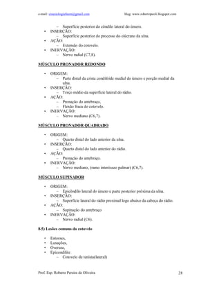 e-mail: cinesiologiafaum@gmail.com blog: www.robertopeoli.blogspot.com
Prof. Esp. Roberto Pereira de Oliveira 28
– Superfície posterior do côndilo lateral do úmero.
• INSERÇÃO:
– Superfície posterior do processo do olécrano da ulna.
• AÇÃO:
– Extensão do cotovelo.
• INERVAÇÃO:
– Nervo radial (C7,8).
MÚSCULO PRONADOR REDONDO
• ORIGEM:
– Parte distal da crista condilóide medial do úmero e porção medial da
ulna.
• INSERÇÃO:
– Terço médio da superfície lateral do rádio.
• AÇÃO:
– Pronação do antebraço,
– Flexão fraca do cotovelo.
• INERVAÇÃO:
– Nervo mediano (C6,7).
MÚSCULO PRONADOR QUADRADO
• ORIGEM:
– Quarto distal do lado anterior da ulna.
• INSERÇÃO:
– Quarto distal do lado anterior do rádio.
• AÇÃO:
– Pronação do antebraço.
• INERVAÇÃO:
– Nervo mediano, (ramo interósseo palmar) (C6,7).
MÚSCULO SUPINADOR
• ORIGEM:
– Epicôndilo lateral do úmero e parte posterior próxima da ulna.
• INSERÇÃO:
– Superfície lateral do rádio proximal logo abaixo da cabeça do rádio.
• AÇÃO:
– Supinação do antebraço
• INERVAÇÃO:
– Nervo radial (C6).
8.5) Lesões comuns do cotovelo
• Entorses,
• Luxações,
• Overuse,
• Epicondilite
– Cotovelo de tenista(lateral)
 