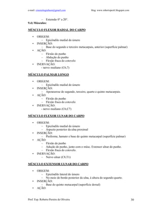 e-mail: cinesiologiafaum@gmail.com blog: www.robertopeoli.blogspot.com
Prof. Esp. Roberto Pereira de Oliveira 30
– Extensão 0° a 20°.
9.4) Músculos:
MÚSCULO FLEXOR RADIAL DO CARPO
• ORIGEM:
– Epicôndilo medial do úmero
• INSERÇÃO:
– Base do segundo e terceiro metacarpais, anterior (superfície palmar)
• AÇÃO:
– Flexão do punho
– Abdução do punho
– Flexão fraca do cotovelo
• INERVAÇÃO:
- nervo mediano (C6,7)
MÚSCULO PALMAR LONGO
• ORIGEM:
– Epicôndilo medial do úmero
• INSERÇÃO:
– Aponeurose do segundo, terceiro, quarto e quinto metacarpais.
• AÇÃO:
– Flexão do punho
– Flexão fraca do cotovelo
• INERVAÇÃO:
- nervo mediano (C6,C7)
MÚSCULO FLEXOR ULNAR DO CARPO
• ORIGEM:
– Epicôndilo medial do úmero
– Aspecto posterior da ulna proximal
• INSERÇÃO:
– Pisiforme, hamato e base do quinto metacarpal (superfície palmar)
• AÇÃO:
– Flexão do punho
– Adução do punho, junto com o músc. Extensor ulnar do punho.
– Flexão fraca do cotovelo.
• INERVAÇÃO:
– Nervo ulnar (C8,T1)
MÚSCULO EXTENSOR ULNAR DO CARPO
• ORIGEM:
– Epicôndilo lateral do úmero
– No meio do bordo posterior da ulna, à altura do segundo quarto.
• INSERÇÃO:
– Base do quinto metacarpal (superfície dorsal)
• AÇÃO:
 