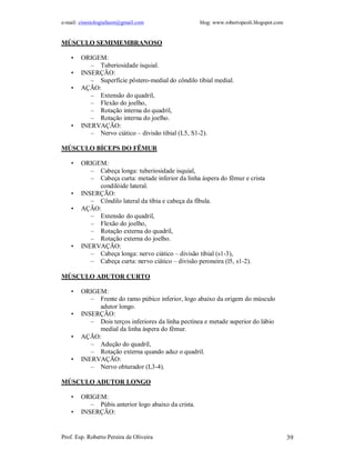 e-mail: cinesiologiafaum@gmail.com blog: www.robertopeoli.blogspot.com
Prof. Esp. Roberto Pereira de Oliveira 39
MÚSCULO SEMIMEMBRANOSO
• ORIGEM:
– Tuberiosidade isquial.
• INSERÇÃO:
– Superfície pôstero-medial do côndilo tibial medial.
• AÇÃO:
– Extensão do quadril,
– Flexão do joelho,
– Rotação interna do quadril,
– Rotação interna do joelho.
• INERVAÇÃO:
– Nervo ciático – divisão tibial (L5, S1-2).
MÚSCULO BÍCEPS DO FÊMUR
• ORIGEM:
– Cabeça longa: tuberiosidade isquial,
– Cabeça curta: metade inferior da linha áspera do fêmur e crista
condilóide lateral.
• INSERÇÃO:
– Côndilo lateral da tíbia e cabeça da fíbula.
• AÇÃO:
– Extensão do quadril,
– Flexão do joelho,
– Rotação externa do quadril,
– Rotação externa do joelho.
• INERVAÇÃO:
– Cabeça longa: nervo ciático – divisão tibial (s1-3),
– Cabeça curta: nervo ciático – divisão peroneira (l5, s1-2).
MÚSCULO ADUTOR CURTO
• ORIGEM:
– Frente do ramo púbico inferior, logo abaixo da origem do músculo
adutor longo.
• INSERÇÃO:
– Dois terços inferiores da linha pectínea e metade superior do lábio
medial da linha áspera do fêmur.
• AÇÃO:
– Adução do quadril,
– Rotação externa quando aduz o quadril.
• INERVAÇÃO:
– Nervo obturador (L3-4).
MÚSCULO ADUTOR LONGO
• ORIGEM:
– Púbis anterior logo abaixo da crista.
• INSERÇÃO:
 