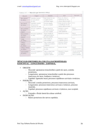 e-mail: cinesiologiafaum@gmail.com blog: www.robertopeoli.blogspot.com
Prof. Esp. Roberto Pereira de Oliveira 50
MÚSCULOS ERETORES DA COLUNA (SACROSPINHAIS)
ILIOCOSTAL – LONGUÍSSIMO – ESPINHAL.
• ORIGEM:
– Iliocostal: aponeurose toracolombar a partir do sacro, costelas
posteriores,
– Longuíssimo: aponeurose toracolombar a partir dos processos
transversos do sacro, lombares e torácicos,
– Espinhal: ligamento nucal, processos espinhosos cervicais e torácicos.
• INSERÇÃO:
– Iliocostal: costelas posteriores, processos transversos cervicais,
– Longuíssimo: processos transversos cervicais e torácicos, processo
mastóide,
– Espinhal: processos espinhosos cervicais e torácicos, osso occipital.
• AÇÃO:
– Extensão e flexão lateral da coluna vertebral.
• INERVAÇÃO:
– Ramos posteriores dos nervos espinhais.
 