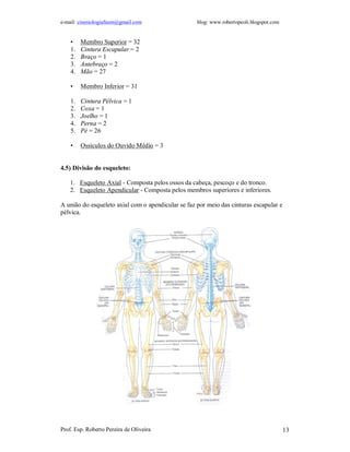 e-mail: cinesiologiafaum@gmail.com                  blog: www.robertopeoli.blogspot.com


    •    Membro Superior = 32
    1.   Cintura Escapular = 2
    2.   Braço = 1
    3.   Antebraço = 2
    4.   Mão = 27

    •    Membro Inferior = 31

    1.   Cintura Pélvica = 1
    2.   Coxa = 1
    3.   Joelho = 1
    4.   Perna = 2
    5.   Pé = 26

    •    Ossículos do Ouvido Médio = 3


4.5) Divisão do esqueleto:

    1. Esqueleto Axial - Composta pelos ossos da cabeça, pescoço e do tronco.
    2. Esqueleto Apendicular - Composta pelos membros superiores e inferiores.

A união do esqueleto axial com o apendicular se faz por meio das cinturas escapular e
pélvica.




Prof. Esp. Roberto Pereira de Oliveira                                                    13
 