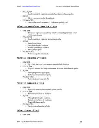 e-mail: cinesiologiafaum@gmail.com                   blog: www.robertopeoli.blogspot.com


    •   INSERÇÃO:
           – Bordo medial da escápula acima da base da espinha escapular.
    •   AÇÃO:
           – Eleva a margem medial da escápula.
    •   INERVAÇÃO:
           – Nervo c5 e ramificações de c3 3 c4 da escápula dorsal.

MÚSCULOS ROMBÓIDES – MAIOR E MENOR

    •   ORIGEM:
           – Processos espinhosos da última vértebra cervical e primeiras cinco
             vértebras torácicas.
    •   INSERÇÃO:
           – Bordo medial da escápula, abaixo da espinha.
    •   AÇÃO:
           – Trabalham juntos
           – Adução (retração) escápula
           – Rotação para baixo escápula
           – Elevação escápula
    •   INERVAÇÃO:
           – Nervo escapular dorsal (c5).

MÚSCULO SERRÁTIL ANTERIOR

    •   ORIGEM:
           – Superfície das nove costelas superiores do lado do tórax.
    •   INSERÇÃO:
           – Aspecto anterior do comprimento total do bordo medial da escápula.
    •   AÇÃO:
           – Abdução(protração) escápula,
           – Rotação para cima da escápula,
    •   INERVAÇÃO:
           – Nervo torácico longo (c5-7).

MÚSCULO PEITORAL MENOR

    •   ORIGEM:
           – Superfície anterior da terceira à quinta costela.
    •   INSERÇÃO:
           – Processo coracóide da escápula.
    •   AÇÃO:
           – Abdução (protração) escápula,
           – Rotação para baixo da escápula,
           – Depressão da escápula.
    •   INERVAÇÃO:
           – Nervo peitoral medial (c7-t1).

MÚSCULO SUBCLÁVICO

    •   ORIGEM:


Prof. Esp. Roberto Pereira de Oliveira                                                     22
 