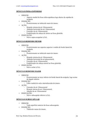 e-mail: cinesiologiafaum@gmail.com                  blog: www.robertopeoli.blogspot.com


MÚSCULO INFRA-ESPINHOSO

    •   ORIGEM:
           – Aspecto medial da fossa infra-espinhosa logo abaixo da espinha da
             escápula.
    •   INSERÇÃO:
           – Posteriormente no tubérculo maior do úmero.
    •   AÇÃO:
           – Rotação externa da art. Glenoumeral,
           – Abdução horizontal da art. Glenoumeral.
           – Extensão da art. Glenoumeral,
           – Estabilização da cabeça do úmero na fossa glenóide.
    •   INERVAÇÃO:
           – Nervo supra-escapular (c5,6).

MÚSCULO REDONDO MENOR

    •   ORIGEM:
           – Posteriormente nos aspectos superior e médio do bordo lateral da
             escápula.
    •   INSERÇÃO:
           – Posteriormente no tubérculo maior do úmero.
    •   AÇÃO:
           – Rotação externa da art. Glenoumeral,
           – Abdução horizontal da art glenoumeral,
           – Extensão da art. Glenoumeral,
           – Estabilização da cabeça umeral na fossa glenóide.
    •   INERVAÇÃO:
           – Nervo axilar (c5,6).

MÚSCULO REDONDO MAIOR

    •   ORIGEM:
           – Posteriormente no terço inferior do bordo lateral da escápula, logo acima
             do ângulo inferior.
    •   INSERÇÃO:
           – Lábio medial do sulco intertubercular do úmero.
    •   AÇÃO:
           – Extensão da art. Glenoumeral
           – Rotação interna da art. Glenoumeral,
           – Adução da art. Glenoumeral
    •   INERVAÇÃO:
           – Nervo subscapular inferior (c5,6).

MÚSCULO SUBESCAPULAR

    •   ORIGEM:
           – Toda superfície anterior da fossa subescapular.
    •   INSERÇÃO:
           – Tubérculo menor do úmero.


Prof. Esp. Roberto Pereira de Oliveira                                                    24
 