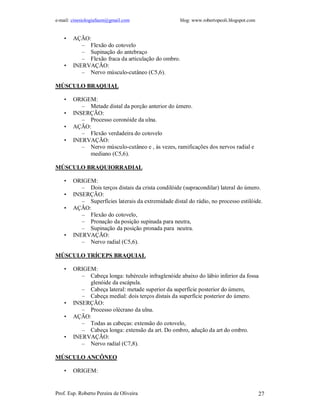 e-mail: cinesiologiafaum@gmail.com                   blog: www.robertopeoli.blogspot.com


    •   AÇÃO:
           – Flexão do cotovelo
           – Supinação do antebraço
           – Flexão fraca da articulação do ombro.
    •   INERVAÇÃO:
           – Nervo músculo-cutâneo (C5,6).

MÚSCULO BRAQUIAL

    •   ORIGEM:
           – Metade distal da porção anterior do úmero.
    •   INSERÇÃO:
           – Processo coronóide da ulna.
    •   AÇÃO:
           – Flexão verdadeira do cotovelo
    •   INERVAÇÃO:
           – Nervo músculo-cutâneo e , às vezes, ramificações dos nervos radial e
             mediano (C5,6).

MÚSCULO BRAQUIORRADIAL

    •   ORIGEM:
           – Dois terços distais da crista condilóide (supracondilar) lateral do úmero.
    •   INSERÇÃO:
           – Superfícies laterais da extremidade distal do rádio, no processo estilóide.
    •   AÇÃO:
           – Flexão do cotovelo,
           – Pronação da posição supinada para neutra,
           – Supinação da posição pronada para neutra.
    •   INERVAÇÃO:
           – Nervo radial (C5,6).

MÚSCULO TRÍCEPS BRAQUIAL

    •   ORIGEM:
           – Cabeça longa: tubérculo infraglenóide abaixo do lábio inferior da fossa
             glenóide da escápula.
           – Cabeça lateral: metade superior da superfície posterior do úmero,
           – Cabeça medial: dois terços distais da superfície posterior do úmero.
    •   INSERÇÃO:
           – Processo olécrano da ulna.
    •   AÇÃO:
           – Todas as cabeças: extensão do cotovelo,
           – Cabeça longa: extensão da art. Do ombro, adução da art do ombro.
    •   INERVAÇÃO:
           – Nervo radial (C7,8).

MÚSCULO ANCÔNEO

    •   ORIGEM:


Prof. Esp. Roberto Pereira de Oliveira                                                     27
 