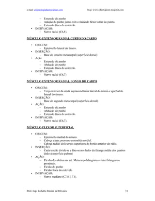 e-mail: cinesiologiafaum@gmail.com                  blog: www.robertopeoli.blogspot.com


           – Extensão do punho
           – Adução do punho junto com o músculo flexor ulnar do punho,
           – Extensão fraca do cotovelo.
    •   INERVAÇÃO:
           – Nervo radial (C6,8).

MÚSCULO EXTENSOR RADIAL CURTO DO CARPO

    •   ORIGEM:
           – Epicôndilo lateral do úmero.
    •   INSERÇÃO:
           – Base do terceiro metacarpal (superfície dorsal)
    •   Ação:
           – Extensão do punho
           – Abdução do punho
           – Extensão fraca do cotovelo.
    •   INERVAÇÃO:
           – Nervo radial (C6,7)

MÚSCULO EXTENSOR RADIAL LONGO DO CARPO

    •   ORIGEM:
           – Terço inferior da crista supracondiliana lateral do úmero e epicôndilo
             lateral do úmero.
    •   INSERÇÃO:
           – Base do segundo metacarpal (superfícia dorsal)
    •   AÇÃO:
           – Extensão do punho
           – Abdução do punho
           – Extensão fraca do cotovelo.
    •   INERVAÇÃO:
           – Nervo radial (C6,7).

MÚSCULO FLEXOR SUPERFICIAL

    •   ORIGEM:
           – Epicôndilo medial do úmero.
           – Cabeça ulnar: processo coronóide medial.
           – Cabeça radial: dois terços superiores do bordo anterior do rádio.
    •   INSERÇÃO:
           – Cada tendão divide-se e fixa-se nos lados da falange média dos quatros
             dedos (superfície palmar)
    •   AÇÃO:
           – Flexão dos dedos nas art. Metacarpofalangianas e interfalangianas
             proximais.
           – Flexão do punho
           – Flexão fraca do cotovelo
    •   INERVAÇÃO:
           – Nervo mediano (C7,8 E T1).



Prof. Esp. Roberto Pereira de Oliveira                                                    31
 